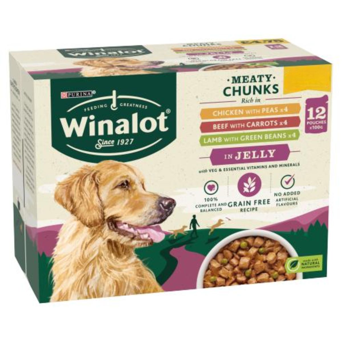 Purina - Winalot Meaty Chunks in Jelly - 12 x 100g dog food in a box.
