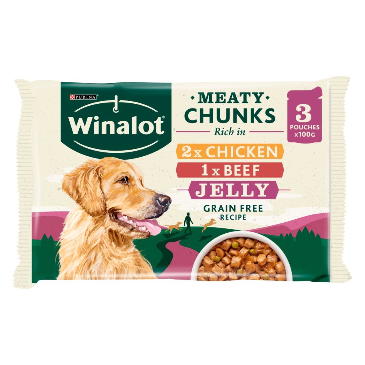 Purina Winalot Meaty Chunks in Jelly, 3 x 100g pouches, grain free with 2x chicken and 1x beef, features a dog and food bowl illustration on the pack. Purina Winalot Meaty Chunks in Jelly, 3 x 100g pouches, grain free with 2x chicken and 1x beef, features a dog and food bowl illustration on the pack.