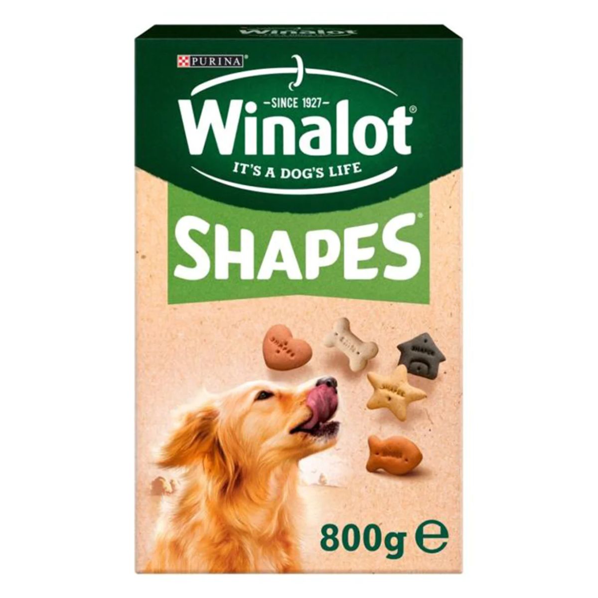 A box of Purina Winalot - Shapes Biscuits - 800g with an image of a golden retriever catching a biscuit.