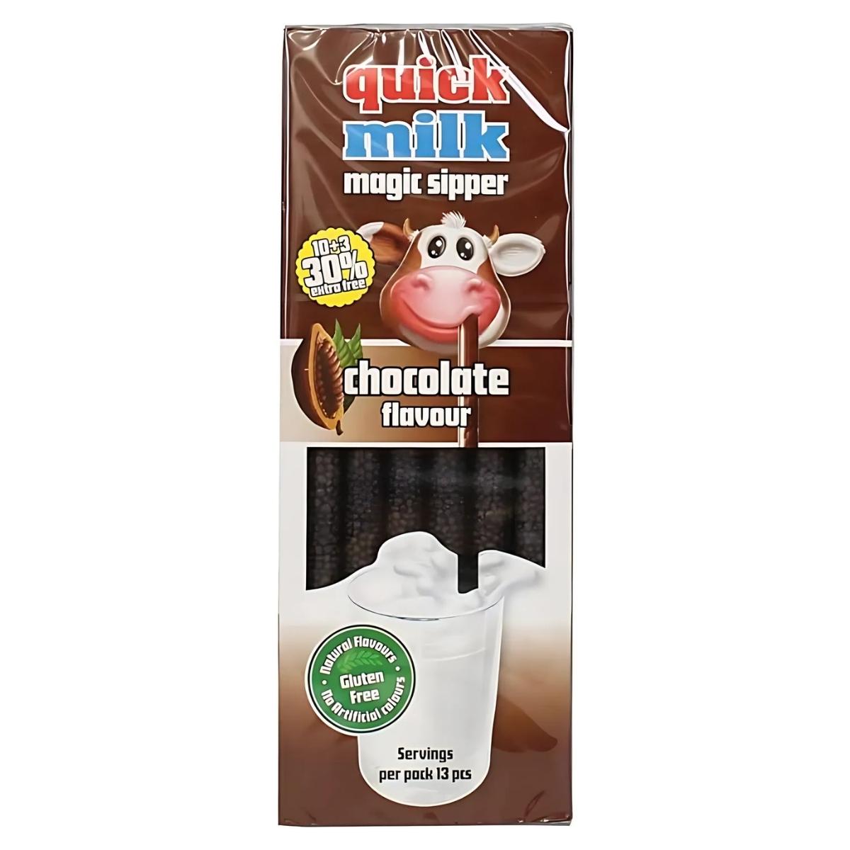 Front view of Quick Milk - Chocolate Flavour Magic Sipper - 13x6g pack, featuring a cow illustration and a glass of milk with a chocolate straw. Highlights include gluten-free and extra straws per pack. Front view of Quick Milk - Chocolate Flavour Magic Sipper - 13x6g pack, featuring a cow illustration and a glass of milk with a chocolate straw. Highlights include gluten-free and extra straws per pack.