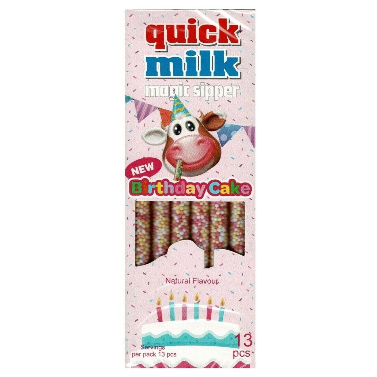 A product package of Quick Milk - Magic Sipper - 78g with birthday cake flavor, decorated with an image of a cartoon cow wearing a party hat.