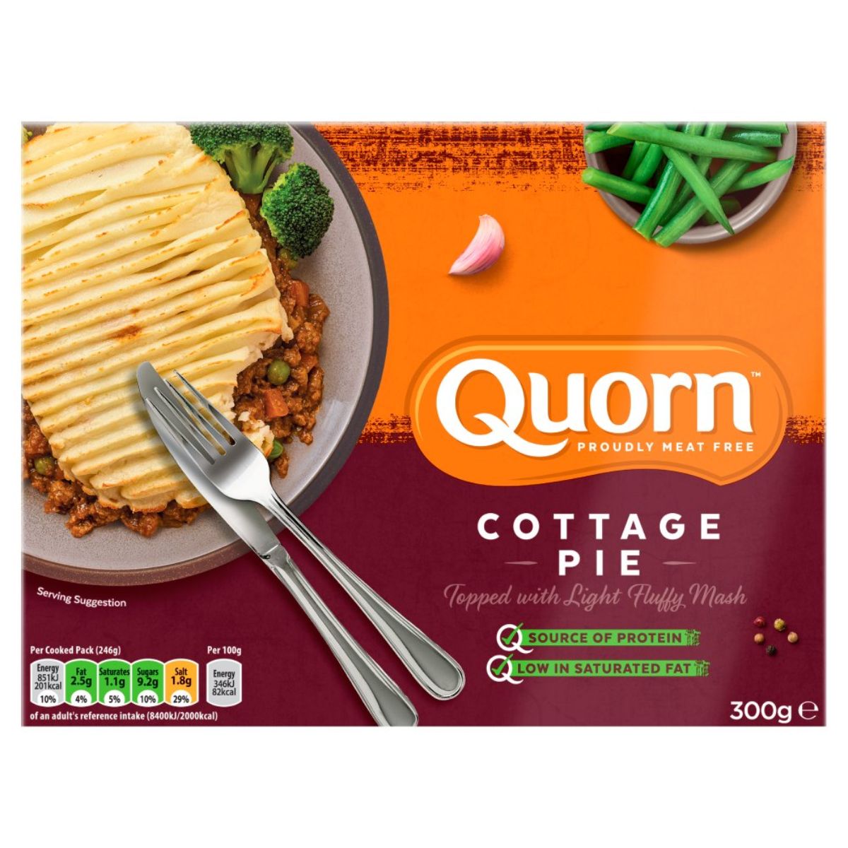 A box of Quorn Cottage Pie Ready Meal - 300g with a fork and fork.