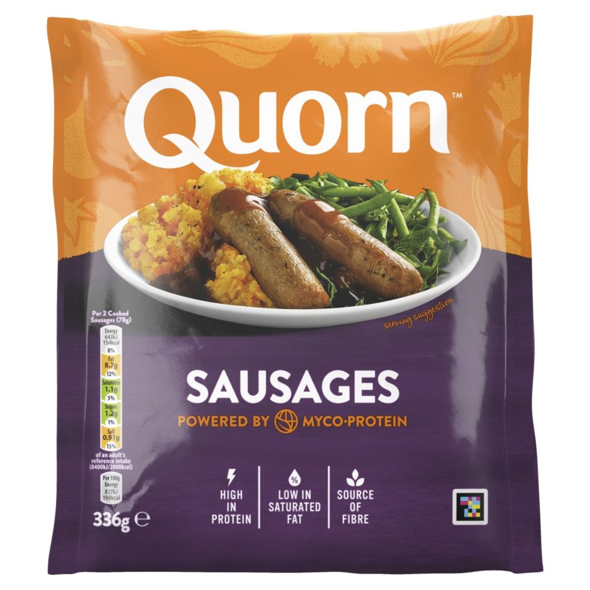 Quorn - Sausages Deliciously Meat Free - 336g on a white background. Quorn - Sausages Deliciously Meat Free - 336g on a white background.