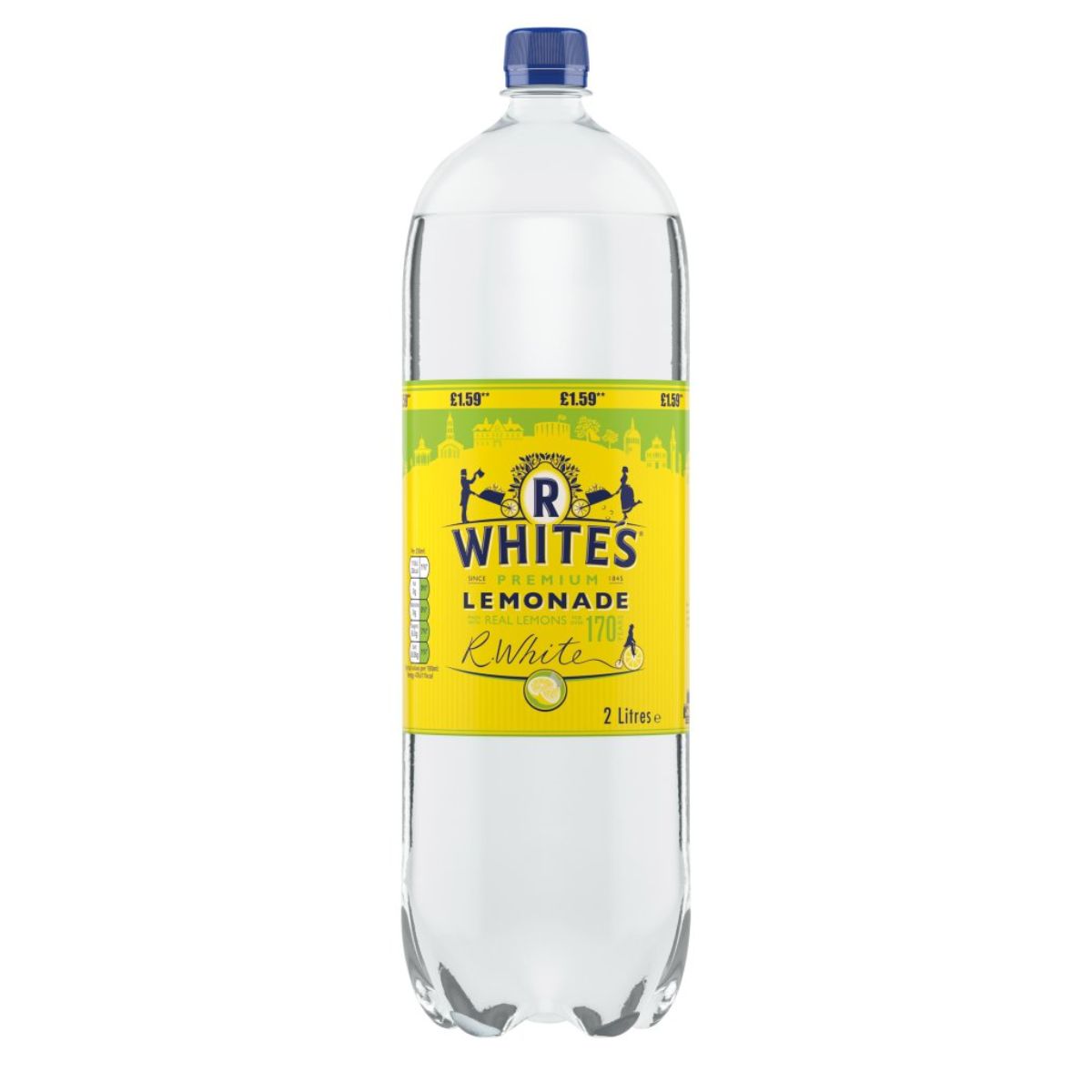A bottle of R Whites - Premium Lemonade - 2L on a white background. A bottle of R Whites - Premium Lemonade - 2L on a white background.