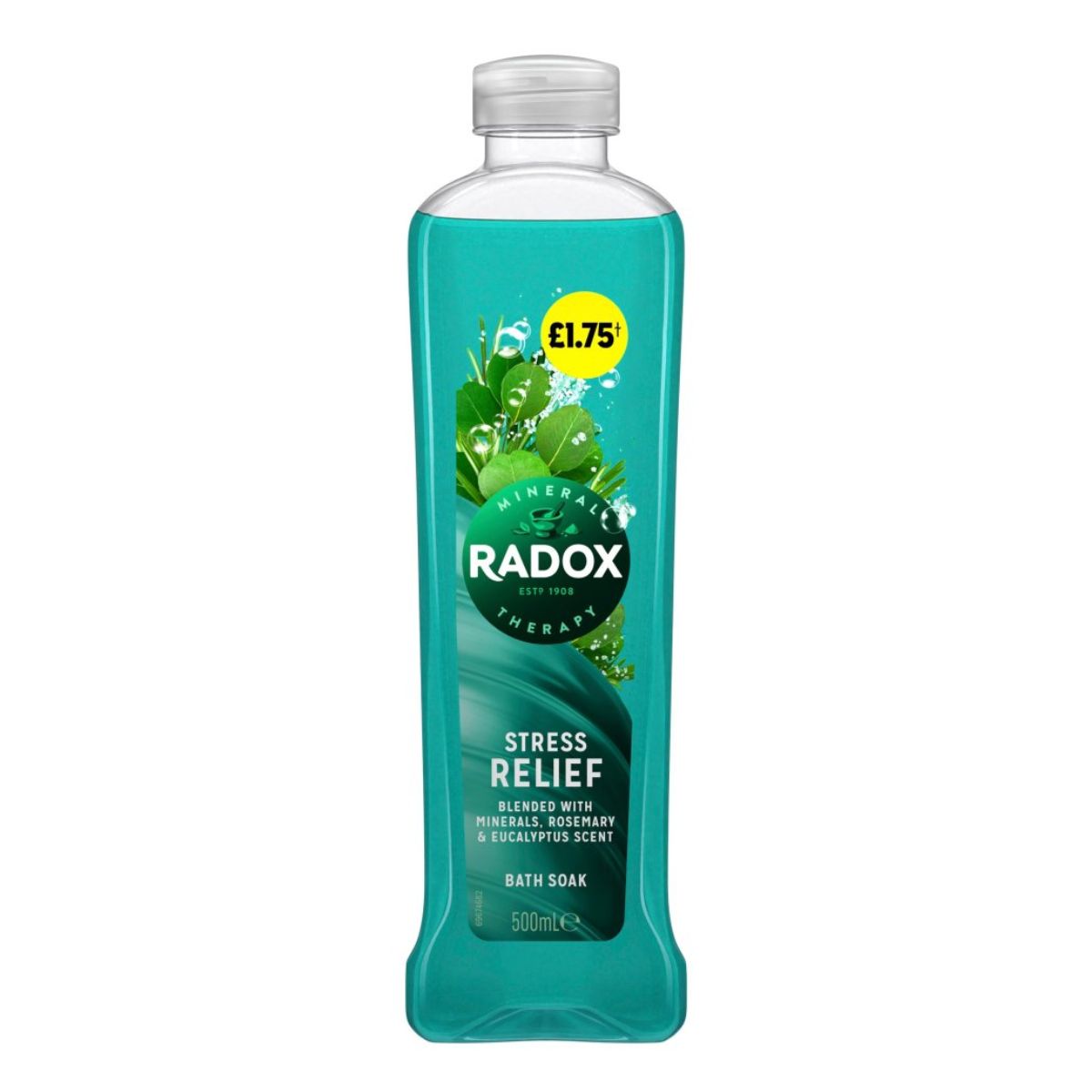 A bottle of Radox - Bath Soak Stress Relief - 500ml on a white background.