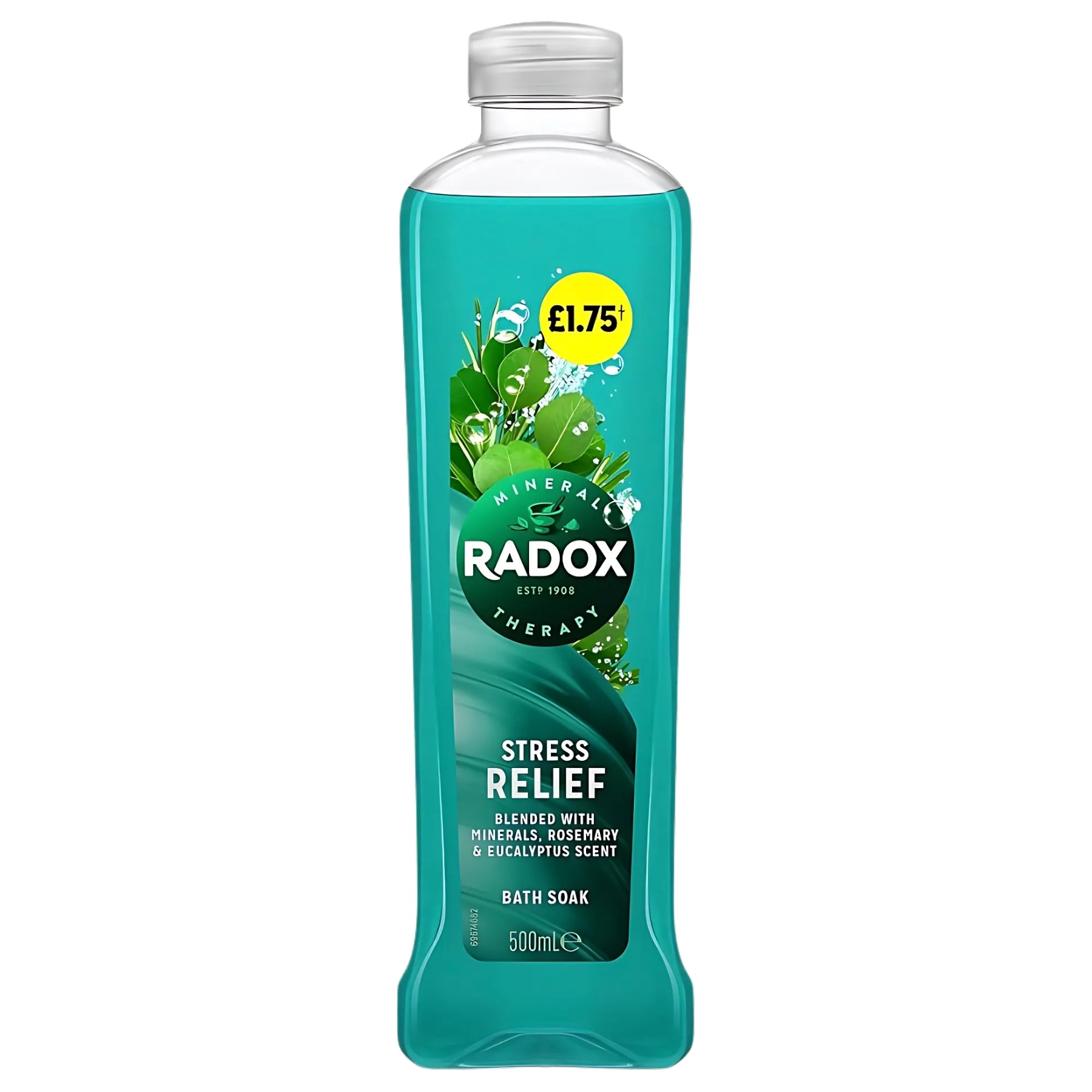 A 500ml bottle of Radox Bath Soak Stress Relief, infused with minerals, rosemary, and eucalyptus scent, is priced at £1.75. A 500ml bottle of Radox Bath Soak Stress Relief, infused with minerals, rosemary, and eucalyptus scent, is priced at £1.75.