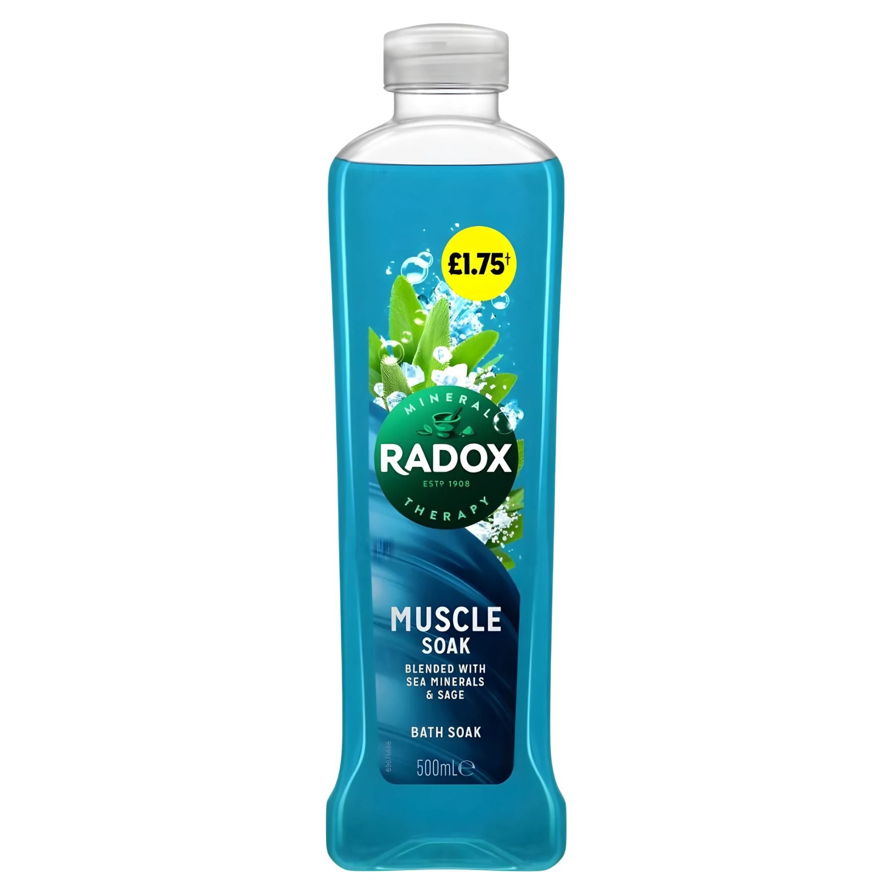 A 500ml bottle of Radox Mineral Therapy Bath Soak Muscle Soak, featuring blue liquid and labeled "£1.75," contains a blend of sea minerals and sage as shown on the packaging. A 500ml bottle of Radox Mineral Therapy Bath Soak Muscle Soak, featuring blue liquid and labeled "£1.75," contains a blend of sea minerals and sage as shown on the packaging.