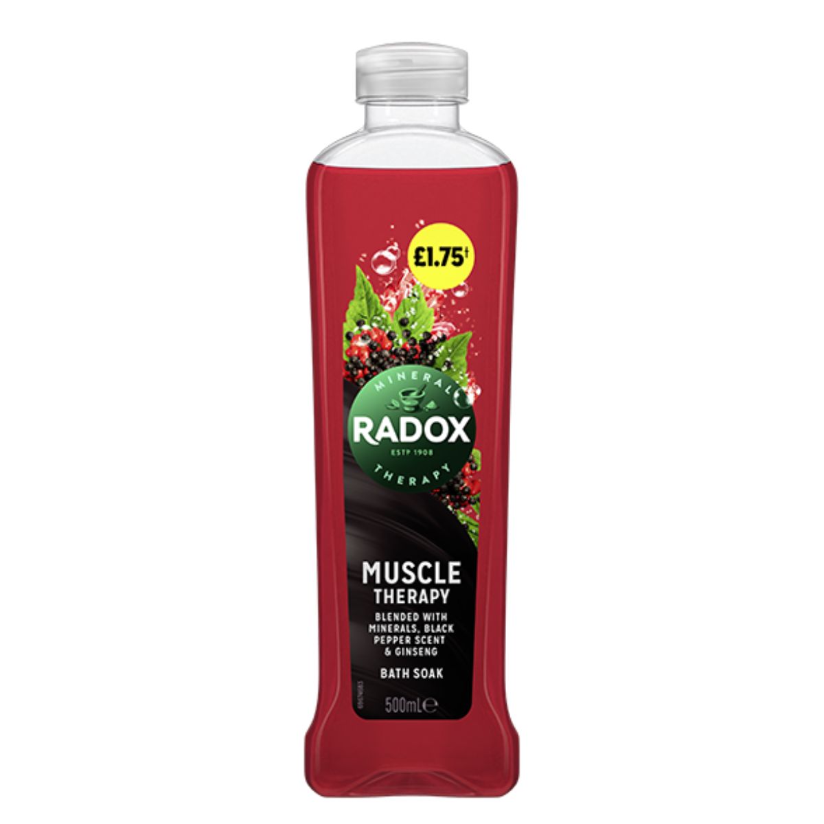 A bottle of Radox - Muscle Therapy Bath Soak - 500ml on a white background.