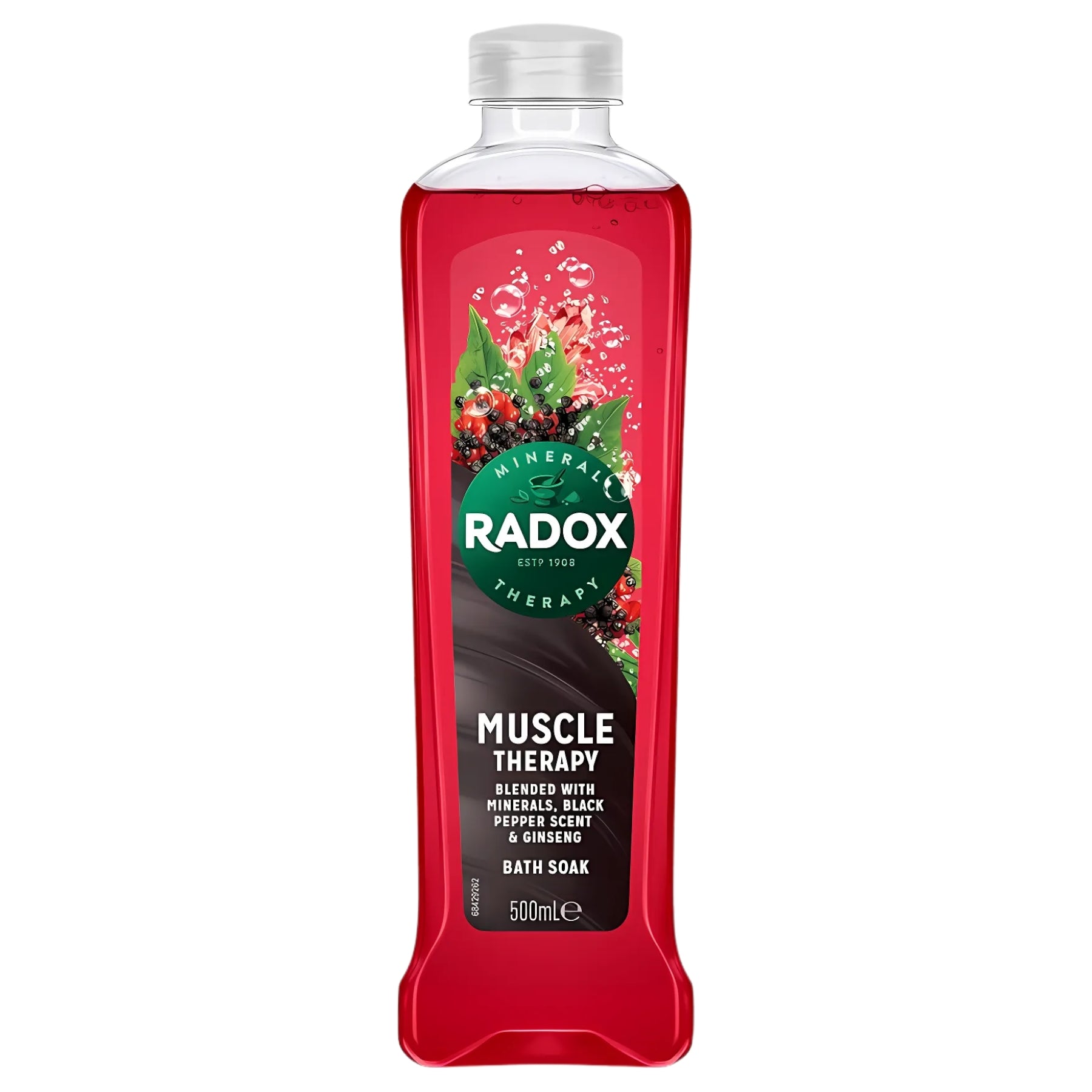 A 500ml bottle of Radox Muscle Therapy Bath Soak, with a red liquid, features minerals, the scent of black pepper, ginseng extract, and is designed to help relax muscles. A 500ml bottle of Radox Muscle Therapy Bath Soak, with a red liquid, features minerals, the scent of black pepper, ginseng extract, and is designed to help relax muscles.