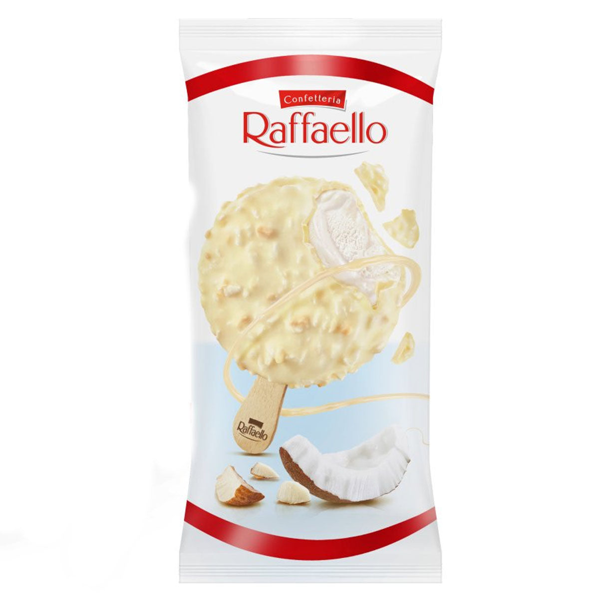 A bag of Raffaello - Ice Cream Stick, Coconut and Almond - 70ml on a white background. A bag of Raffaello - Ice Cream Stick, Coconut and Almond - 70ml on a white background.
