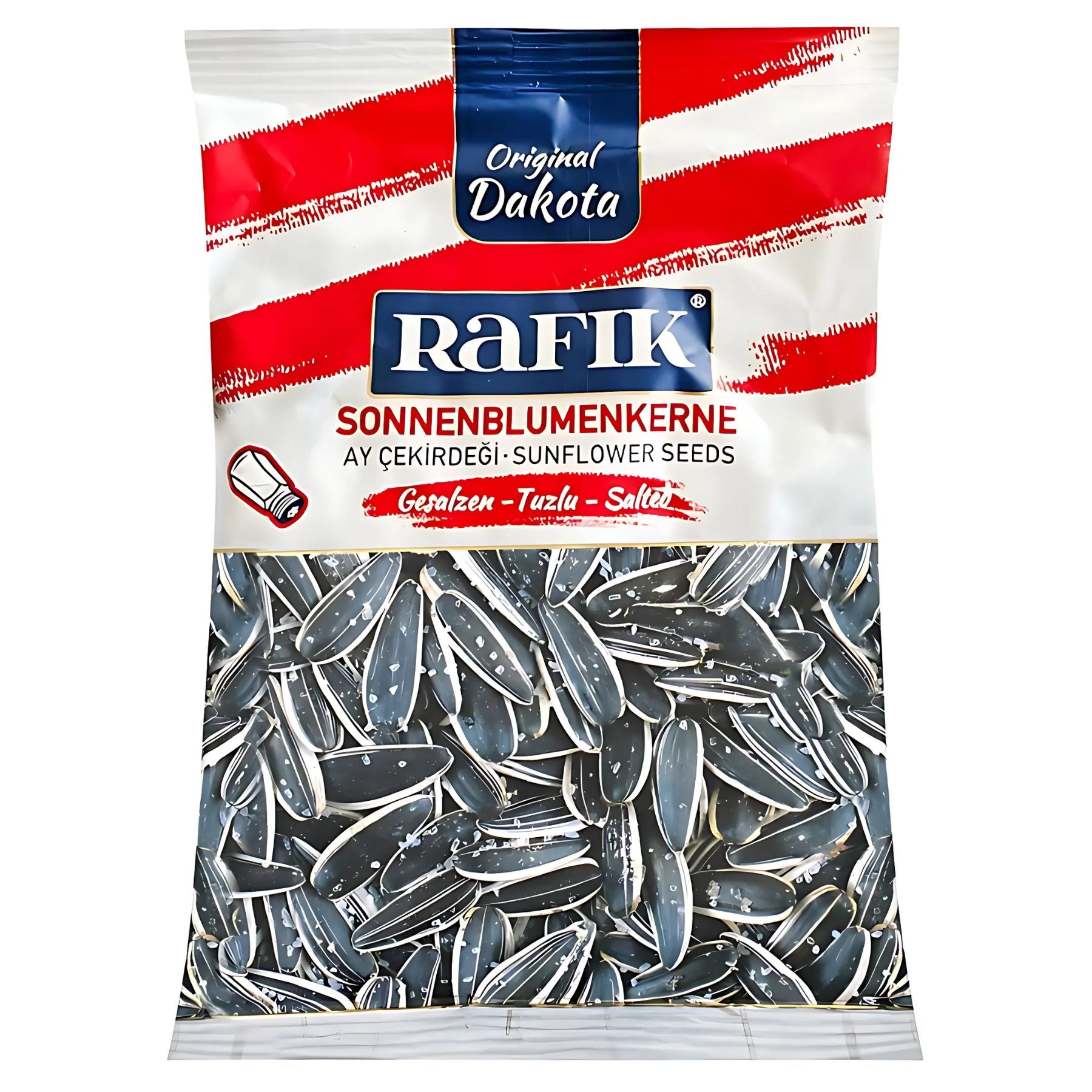 A 150g bag of Rafik Salted Sunflower Seeds Original Dakota features red, blue, and white branding and a clear window showing the roasted seeds inside. A 150g bag of Rafik Salted Sunflower Seeds Original Dakota features red, blue, and white branding and a clear window showing the roasted seeds inside.