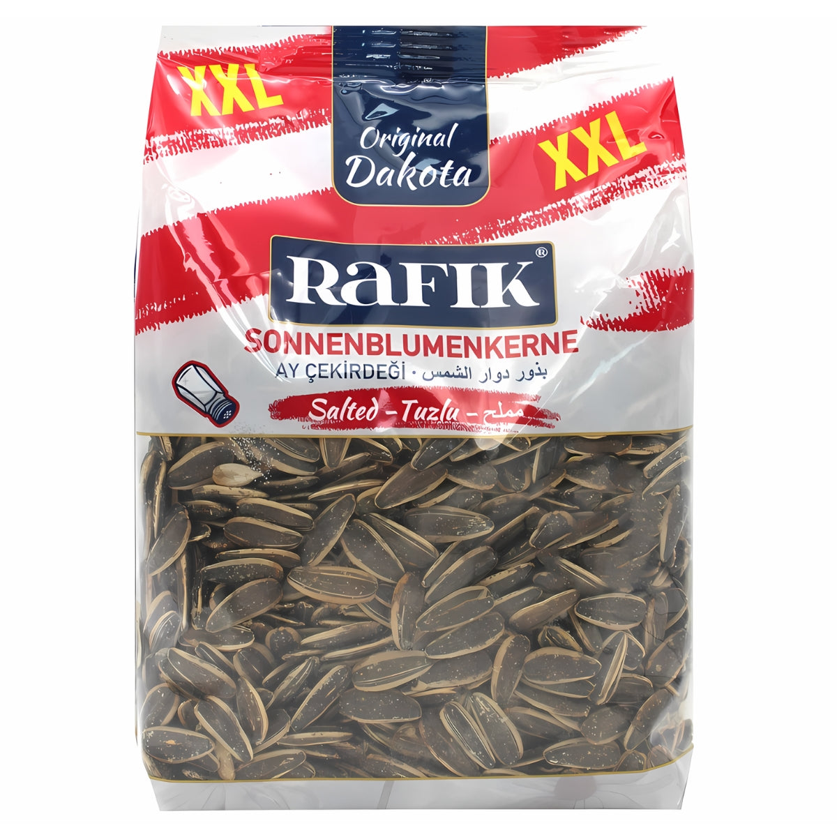A package of Rafik - Salted Sunflower Seeds Original Dakota - 400g labeled "Original Dakota" and "XXL". The bag features a clear section displaying the seeds and text in multiple languages.