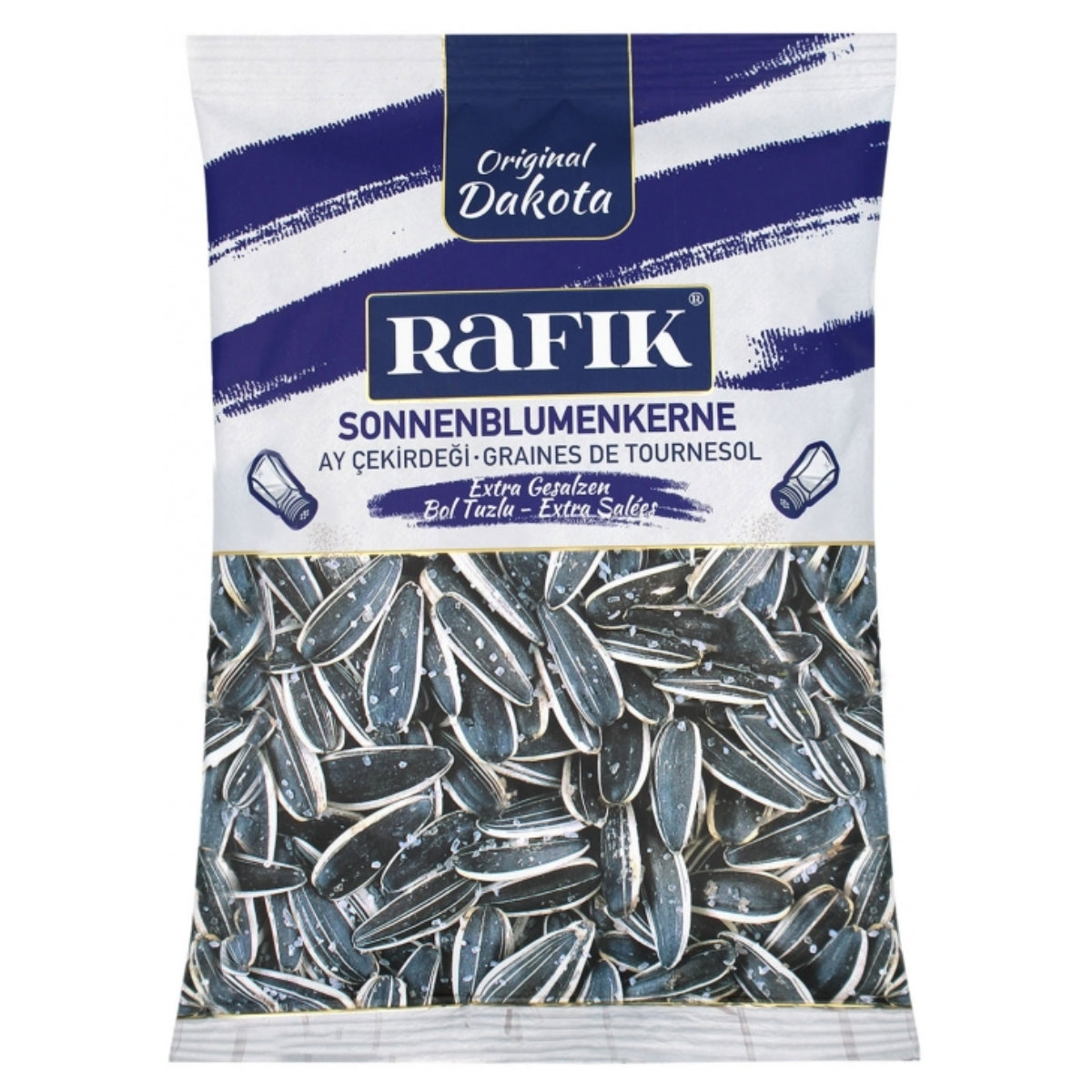 A bag of Rafik - Extra Salted Sunflower Seeds Original Dakota - 150g with branding in multiple languages on the packaging, including "Original Dakota" and "Sonnenblumenkerne." The seeds are visible through a transparent section.