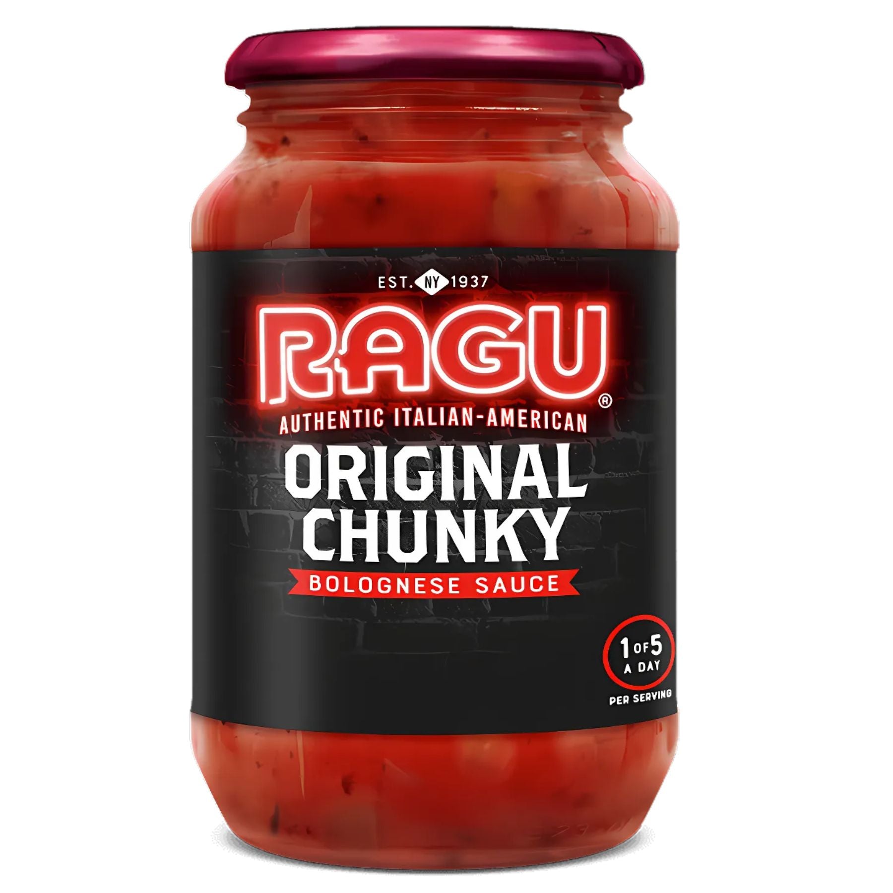 A 500g jar of Ragu Original Chunky Bolognese Sauce, featuring a black label and red lid with “Authentic Italian-American” and “1 of 5 a day per serving”—a classic tomato sauce ideal for pasta dishes. A 500g jar of Ragu Original Chunky Bolognese Sauce, featuring a black label and red lid with “Authentic Italian-American” and “1 of 5 a day per serving”—a classic tomato sauce ideal for pasta dishes.