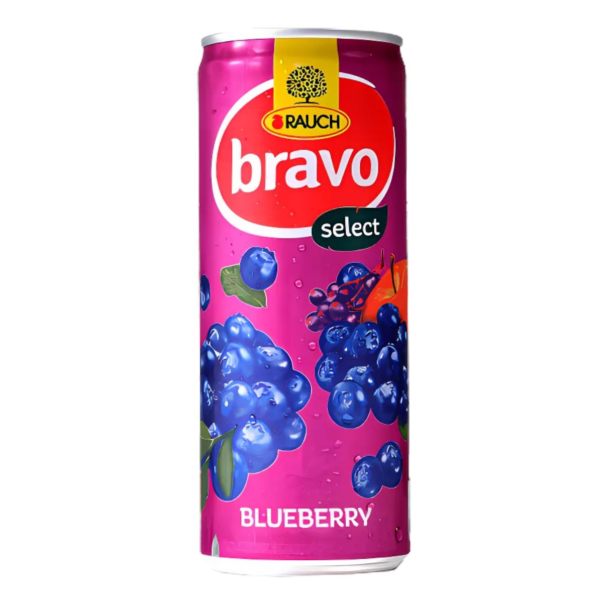 A 250ml can of Rauch Bravo Blueberry, with blueberries and a purple-red design, showcases the fruity flavor inside. A 250ml can of Rauch Bravo Blueberry, with blueberries and a purple-red design, showcases the fruity flavor inside.