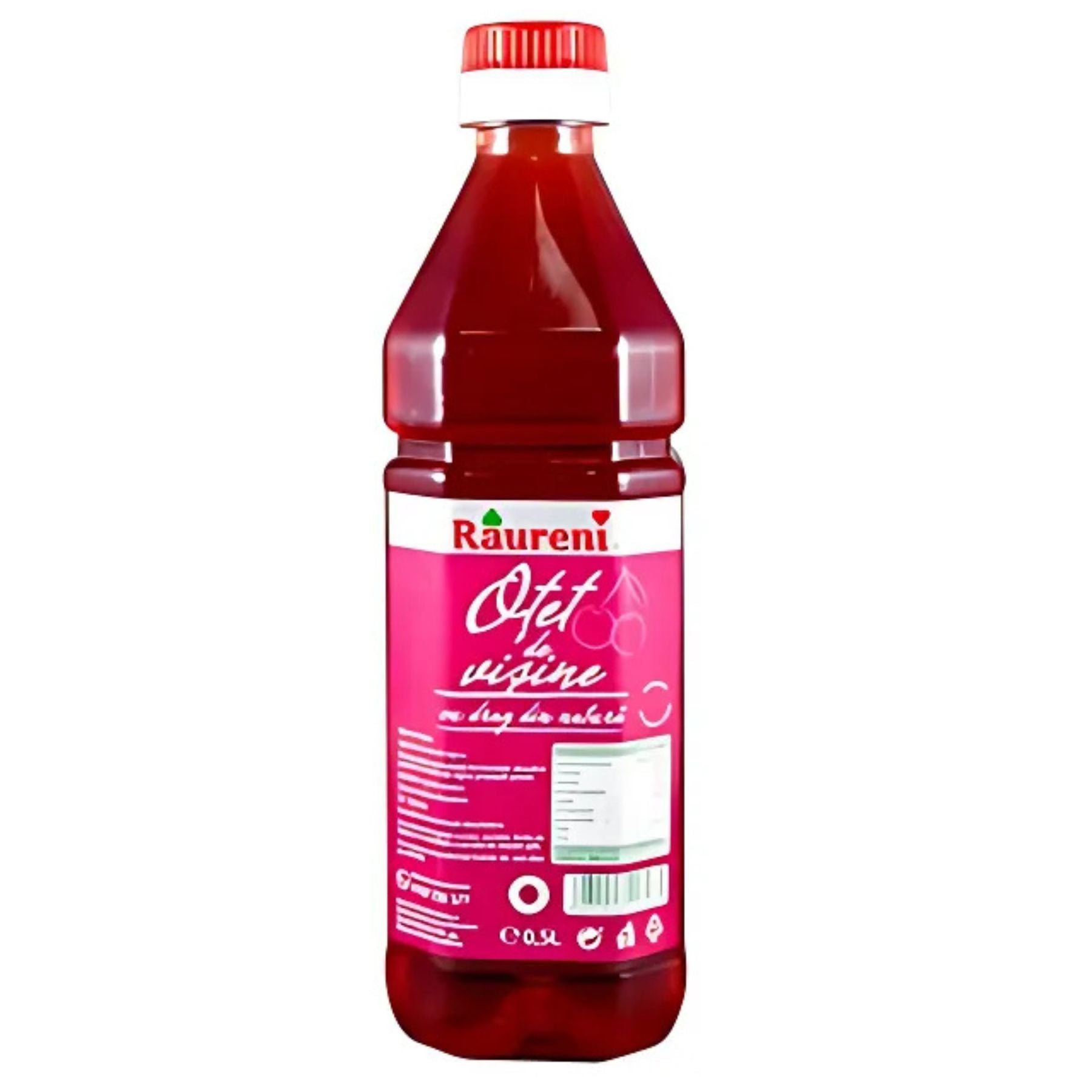 Raureni - Sour Cherry Vinegar - 500ml features a red cap and pink label with cherries, ideal for adding fruity acidity to salads or as a vibrant marinade. Raureni - Sour Cherry Vinegar - 500ml features a red cap and pink label with cherries, ideal for adding fruity acidity to salads or as a vibrant marinade.