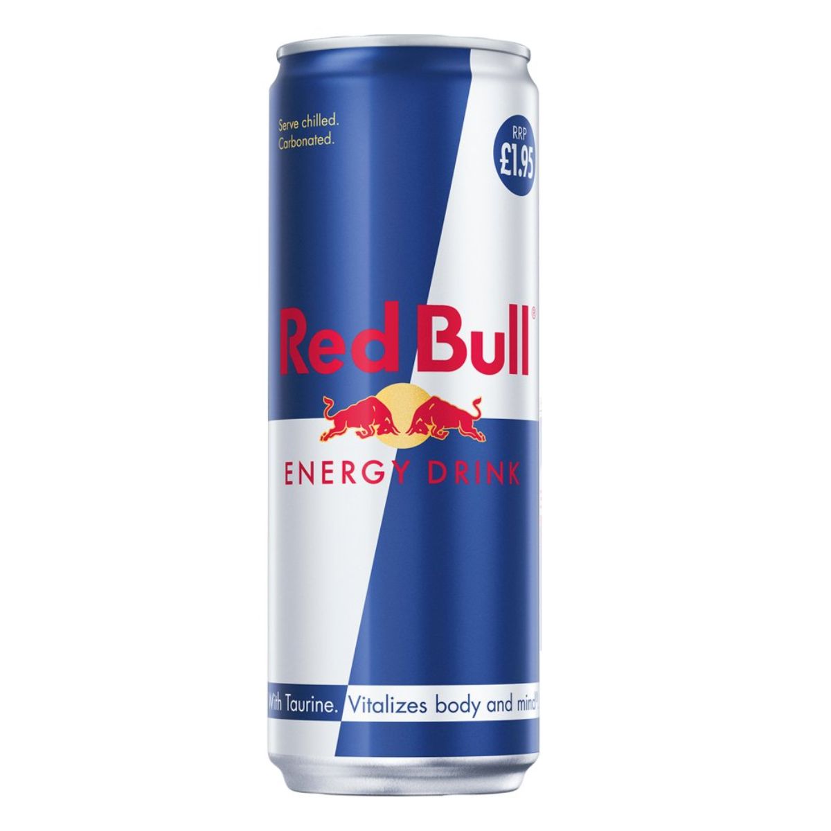 A Red Bull - Energy Drink - 355ml, featuring the logo with two bulls facing each other against a sun backdrop, with the price of £1.95 displayed at the top.