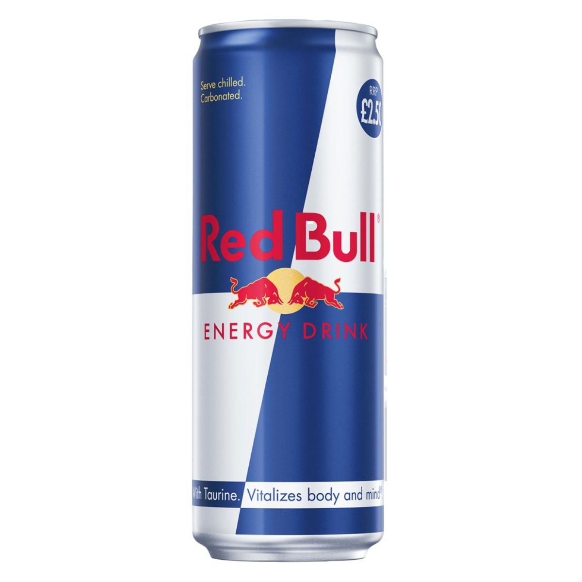 A can of Red Bull energy drink, featuring the logo with two red bulls charging at each other against a sun backdrop, on a blue and silver can.