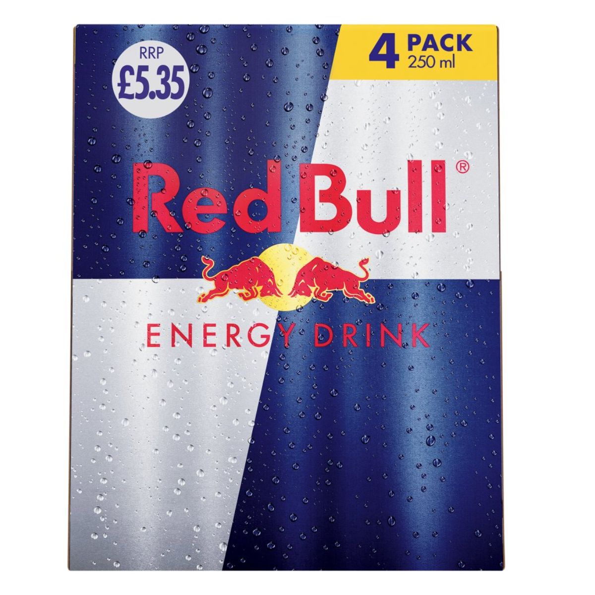 A Red Bull - Energy Drink - 4 x 250ml, priced at £5.35, featuring the logo and water droplets on the blue and silver packaging.