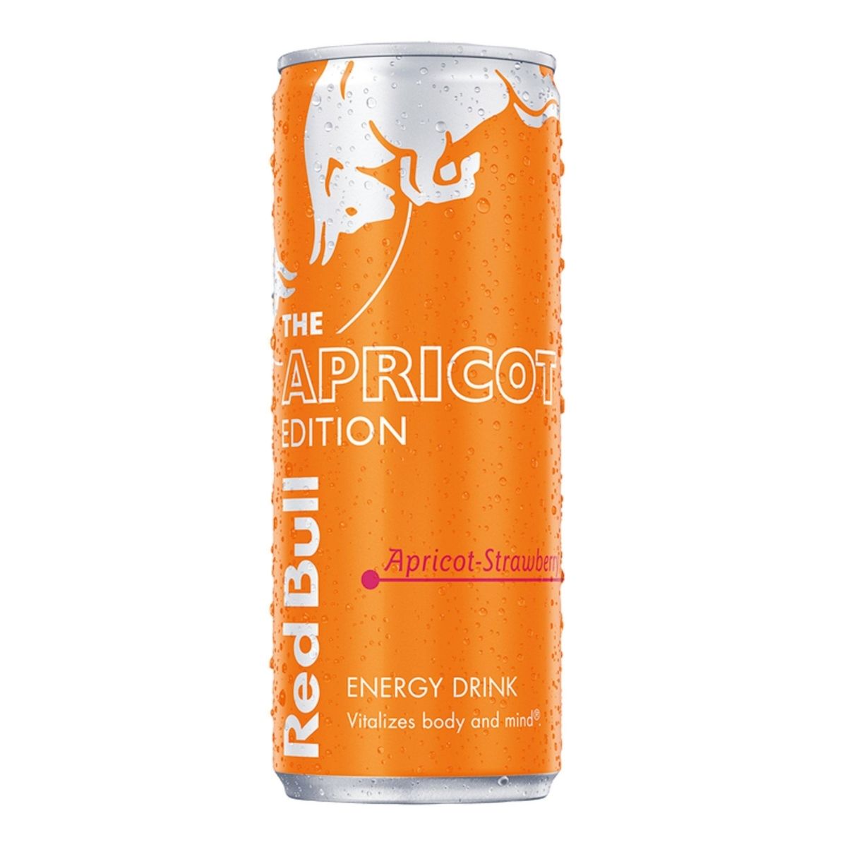 A 250ml can of Red Bull Apricot & Strawberry Energy Drink, orange with water droplets and apricot-strawberry flavor text, offers a refreshing boost for lasting energy. A 250ml can of Red Bull Apricot & Strawberry Energy Drink, orange with water droplets and apricot-strawberry flavor text, offers a refreshing boost for lasting energy.