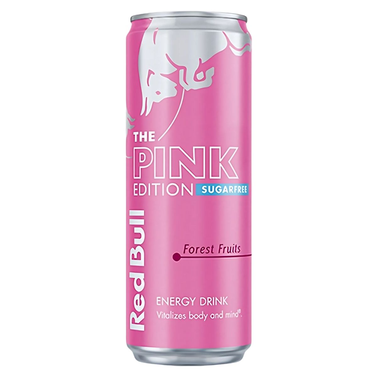 A tall, pink 250ml can of Red Bull - Forest Fruits Energy Drink with the Red Bull logo and "Forest Fruits" label delivers a refreshing energy boost. A tall, pink 250ml can of Red Bull - Forest Fruits Energy Drink with the Red Bull logo and "Forest Fruits" label delivers a refreshing energy boost.