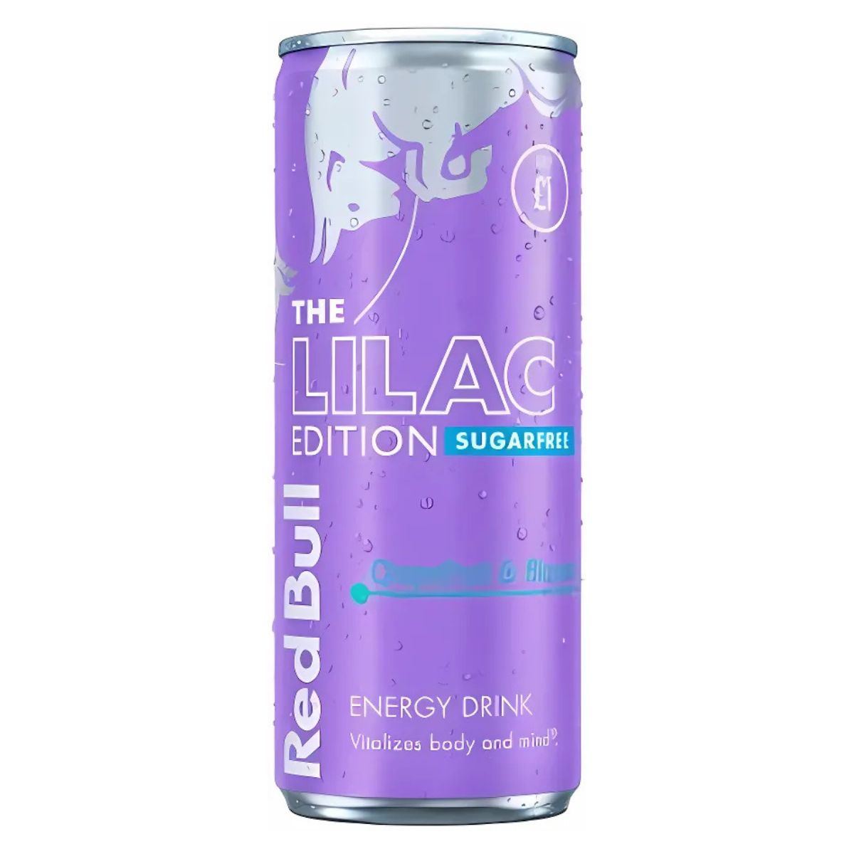 A 250ml can of Red Bull - Grapefruit & Blossom Energy Drink, with a purple design and condensation on the surface. A 250ml can of Red Bull - Grapefruit & Blossom Energy Drink, with a purple design and condensation on the surface.