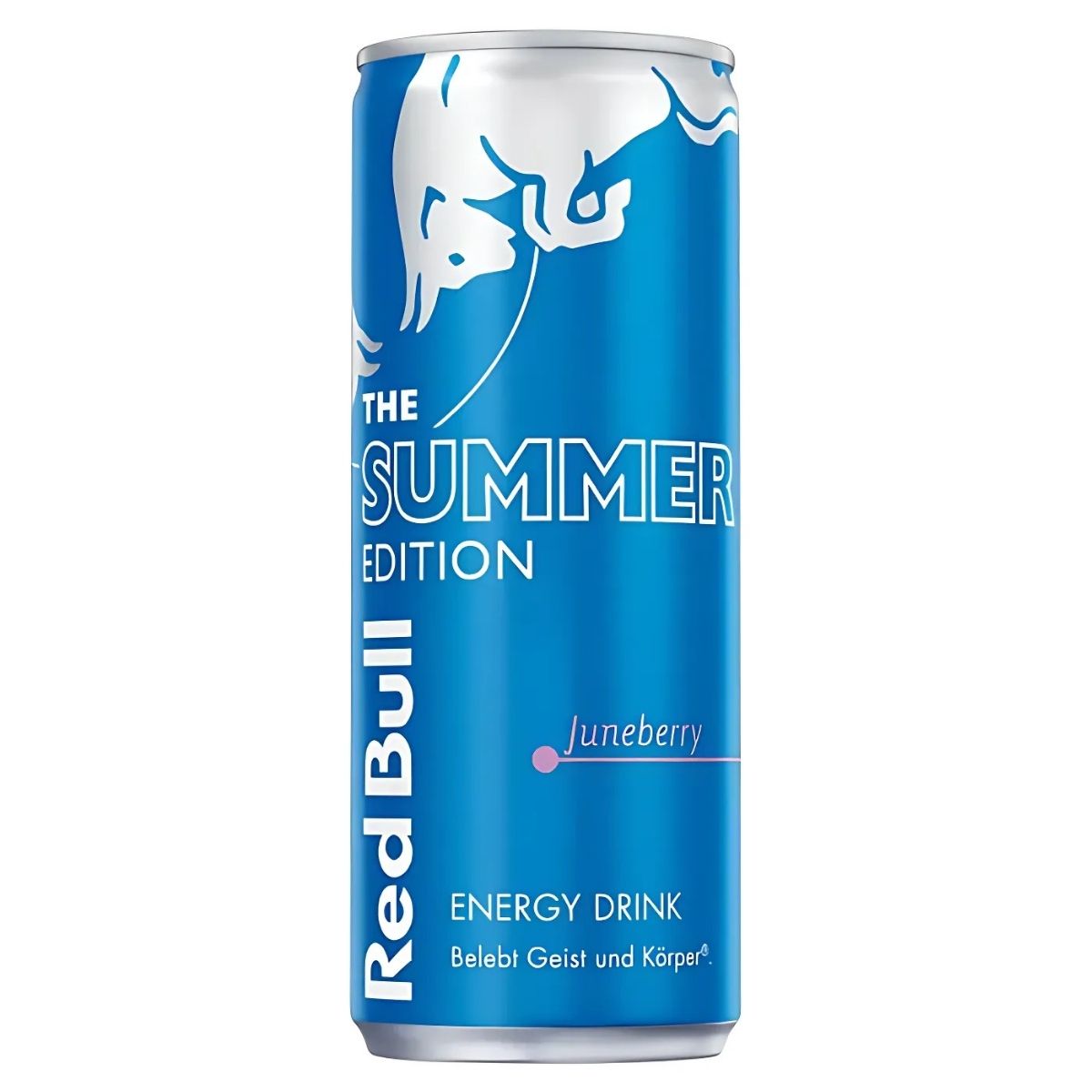 A 250ml can of Red Bull Juneberry Energy Drink delivers a refreshing juneberry flavor and enhanced focus, packaged with the iconic logo and product details on the front to energize your day. A 250ml can of Red Bull Juneberry Energy Drink delivers a refreshing juneberry flavor and enhanced focus, packaged with the iconic logo and product details on the front to energize your day.