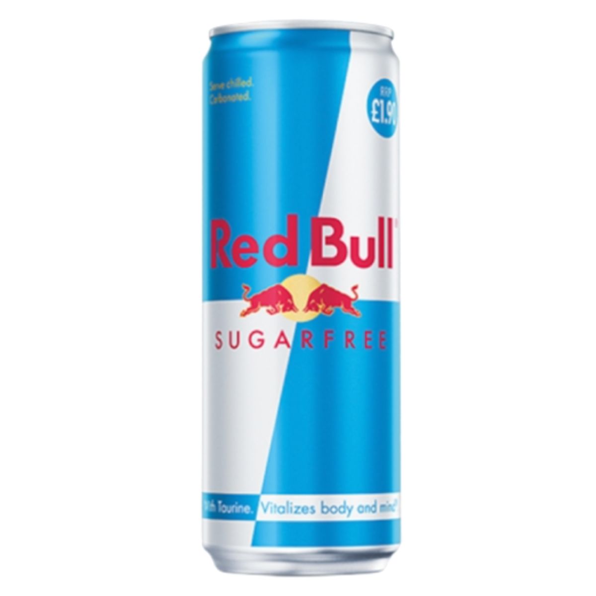 A can of Red Bull - Sugar Free Energy Drink - 355ml, featuring the iconic blue and silver design with red bulls charging against each other. A can of Red Bull - Sugar Free Energy Drink - 355ml, featuring the iconic blue and silver design with red bulls charging against each other.