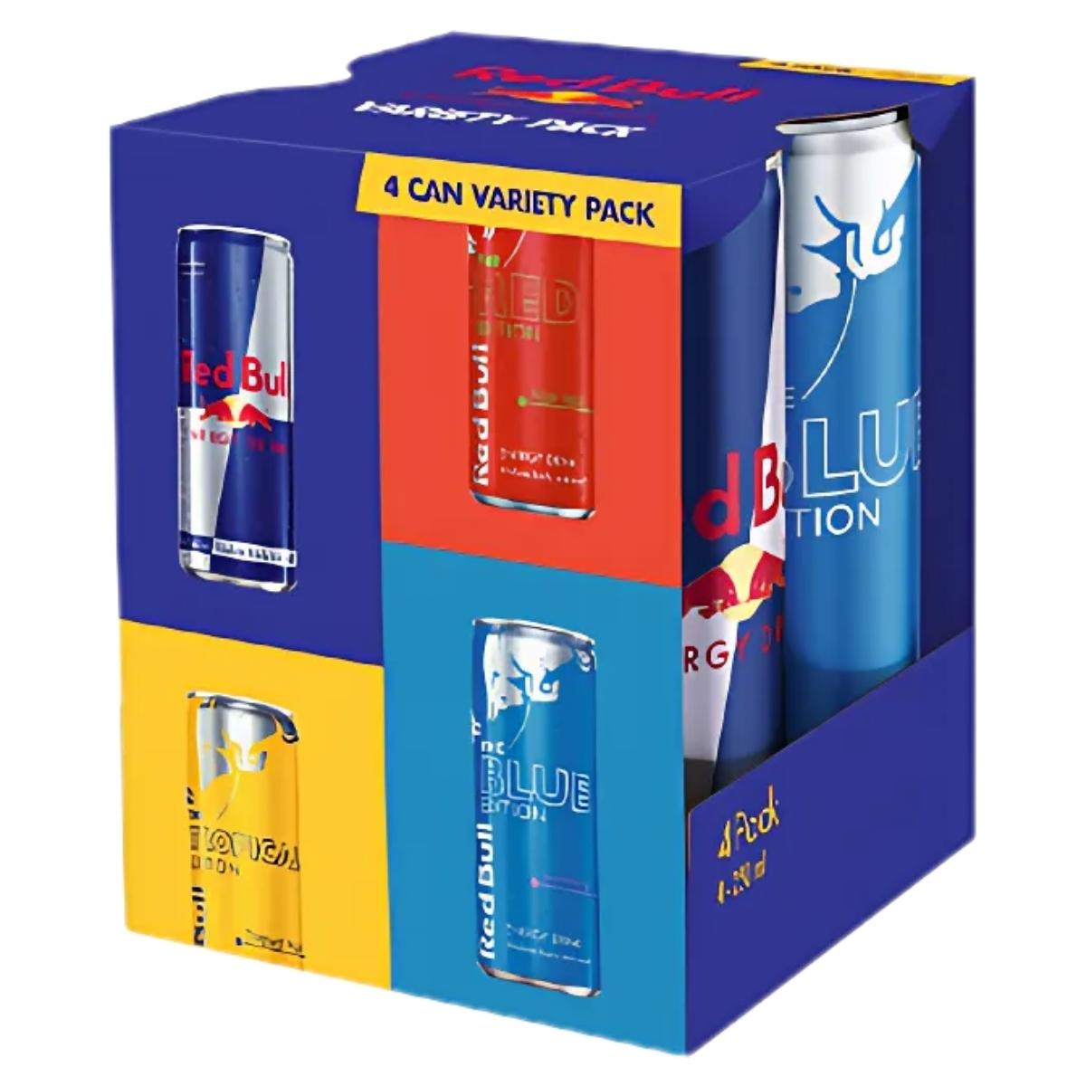 The Red Bull - Variety Pack Energy Drink - 4x250ml features four flavors in vibrant cans, showcased through cutouts in bold blue and yellow packaging—ideal for an energy boost whenever you need it. The Red Bull - Variety Pack Energy Drink - 4x250ml features four flavors in vibrant cans, showcased through cutouts in bold blue and yellow packaging—ideal for an energy boost whenever you need it.