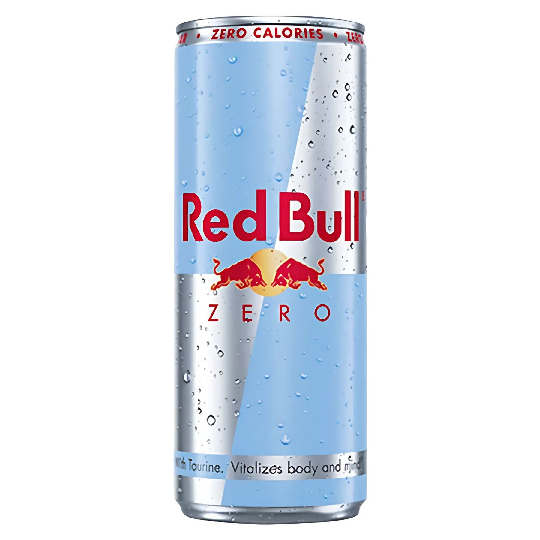 A 250ml can of Red Bull Zero Energy Drink, a zero sugar beverage featuring a blue-silver design with "ZERO CALORIES" text and water droplets on the surface, for a refreshing, healthy caffeine boost. A 250ml can of Red Bull Zero Energy Drink, a zero sugar beverage featuring a blue-silver design with "ZERO CALORIES" text and water droplets on the surface, for a refreshing, healthy caffeine boost.