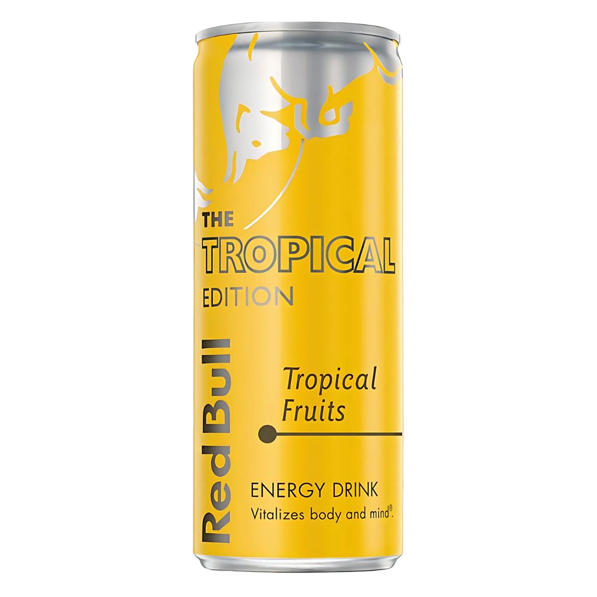 A 250ml can of Red Bull - Tropical Fruits Energy Drink with a yellow design and bold black text, featuring a refreshing tropical fruits flavor. A 250ml can of Red Bull - Tropical Fruits Energy Drink with a yellow design and bold black text, featuring a refreshing tropical fruits flavor.