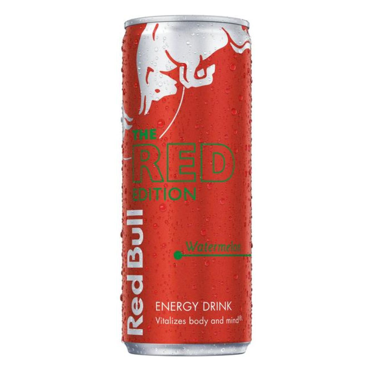 A 250ml can of Red Bull - Watermelon Energy Drink with refreshing flavor and “vitalizes body and mind” text on the surface—perfect for an energizing boost. A 250ml can of Red Bull - Watermelon Energy Drink with refreshing flavor and “vitalizes body and mind” text on the surface—perfect for an energizing boost.