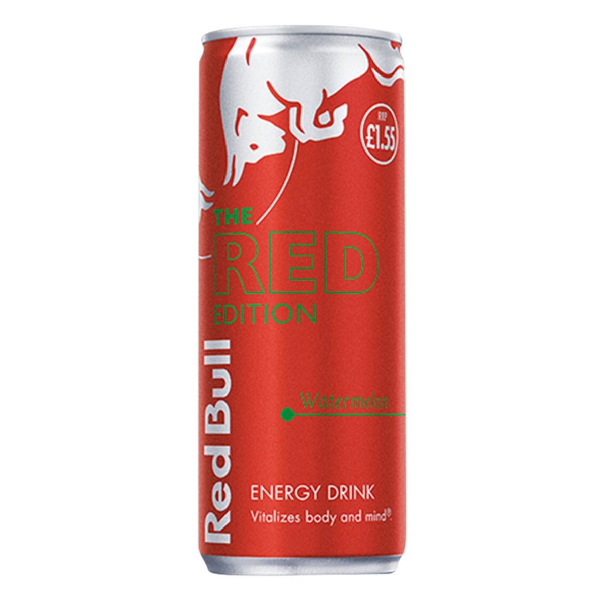 A 250ml can of Red Bull Watermelon Energy Drink stands upright, displaying its red design, branding, and price label. A 250ml can of Red Bull Watermelon Energy Drink stands upright, displaying its red design, branding, and price label.