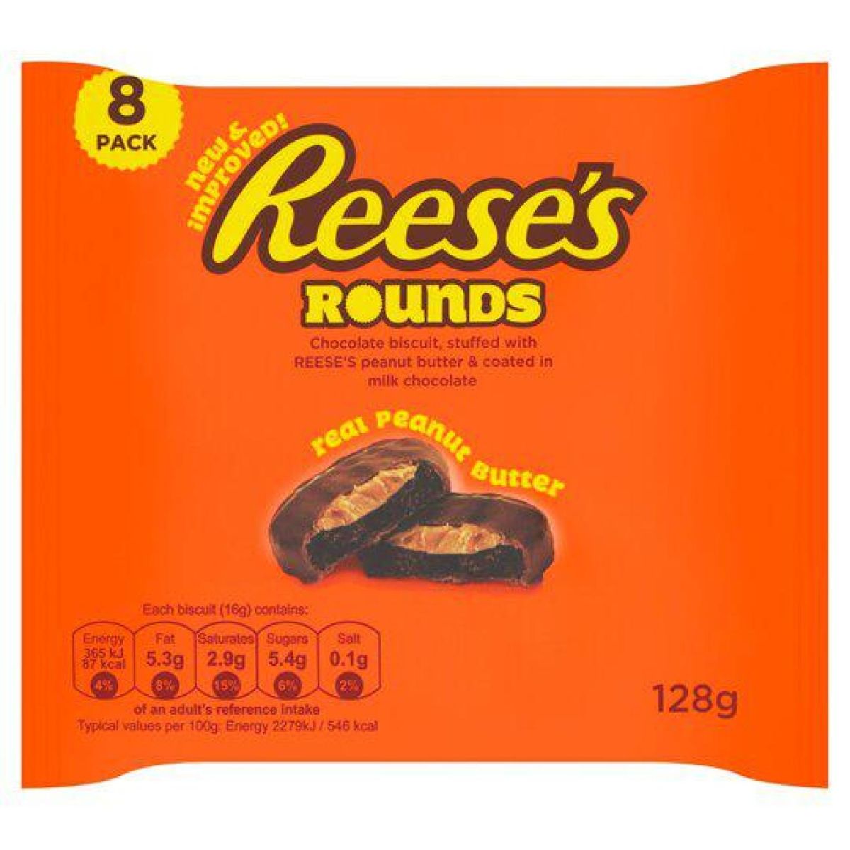 A package of Reese - Rounds Chocolate Biscuit & Peanut Butter - 8 Pack (128g).