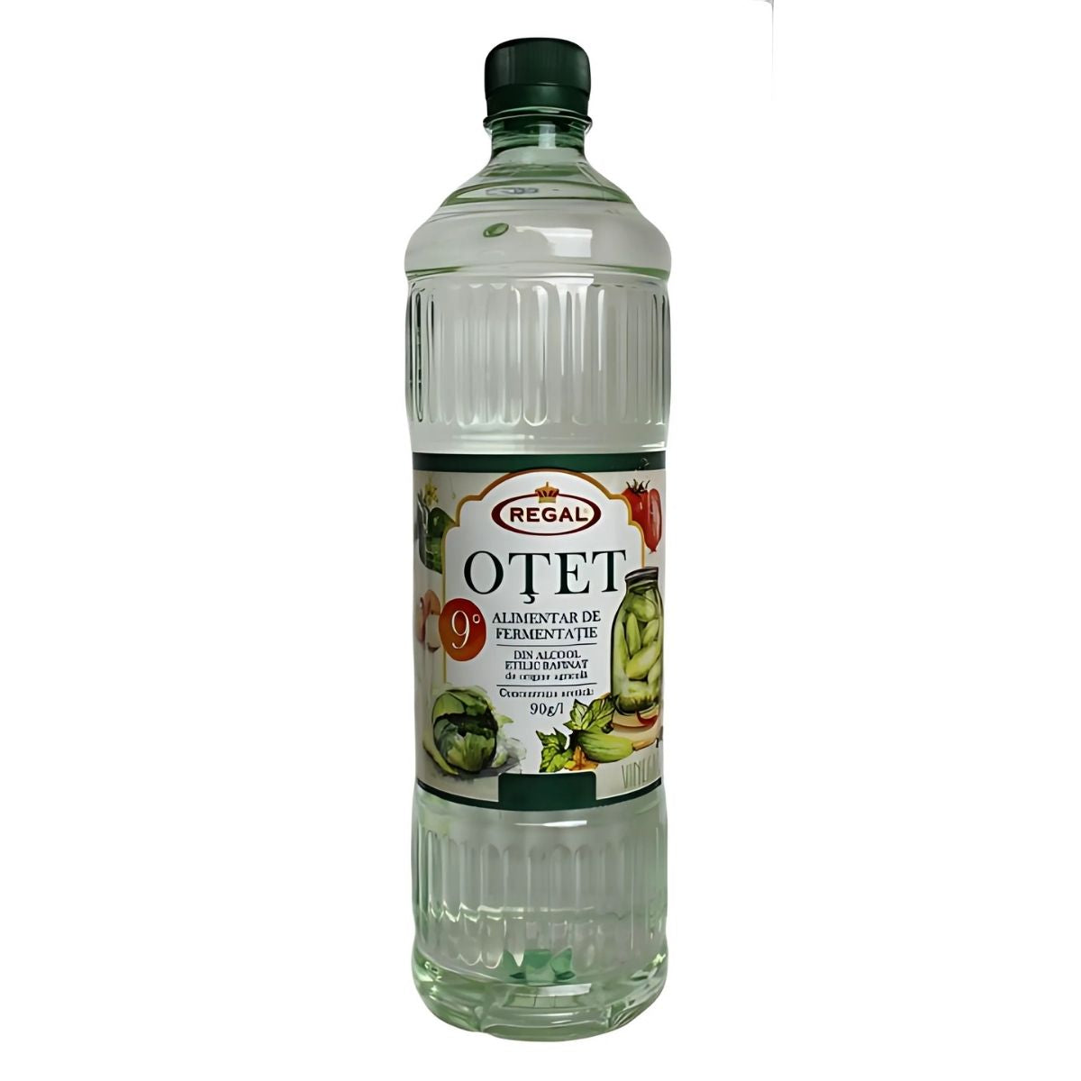 A clear plastic bottle of Regal - Vinegar 9% - 1L sits against a white background, featuring vegetable images on the label. A clear plastic bottle of Regal - Vinegar 9% - 1L sits against a white background, featuring vegetable images on the label.