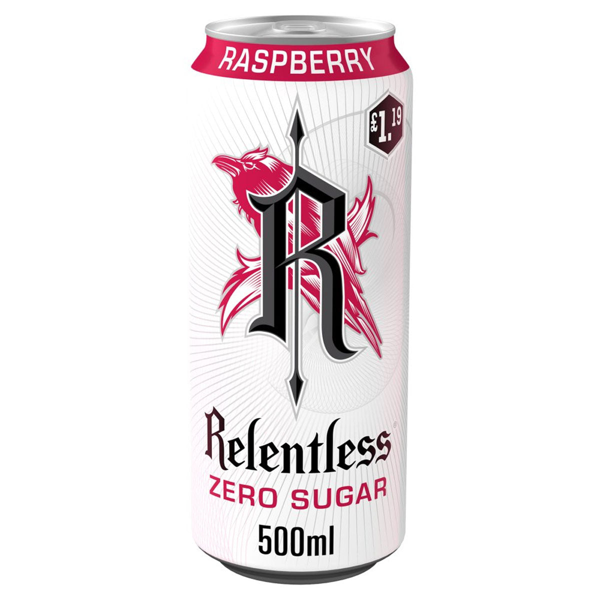A can of Relentless - Zero Sugar Raspberry - 500ml. A can of Relentless - Zero Sugar Raspberry - 500ml.