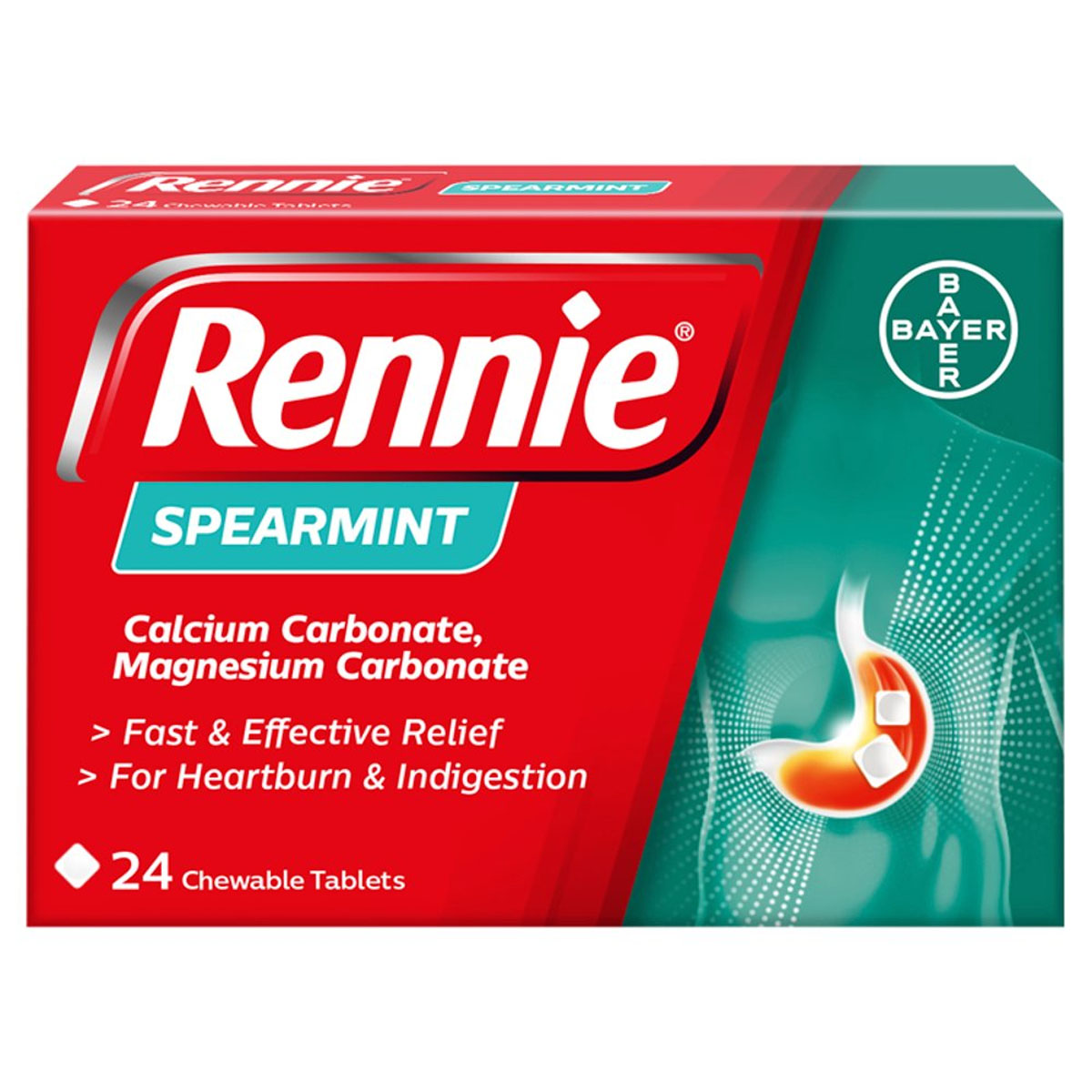 Rennie - Spearmint Chewable - 24 Tablets: chewable tablets for heartburn and indigestion relief, containing calcium carbonate and magnesium carbonate. Rennie - Spearmint Chewable - 24 Tablets: chewable tablets for heartburn and indigestion relief, containing calcium carbonate and magnesium carbonate.