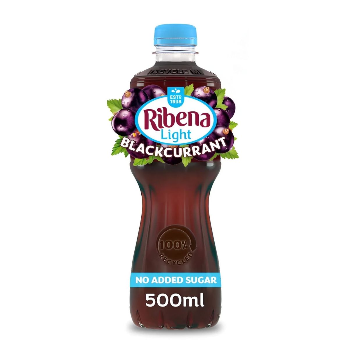 A 500ml bottle of Ribena - Blackcurrant No Added Sugar, rich in vitamin C, with a blue cap and a label featuring blackcurrants and green leaves. A 500ml bottle of Ribena - Blackcurrant No Added Sugar, rich in vitamin C, with a blue cap and a label featuring blackcurrants and green leaves.