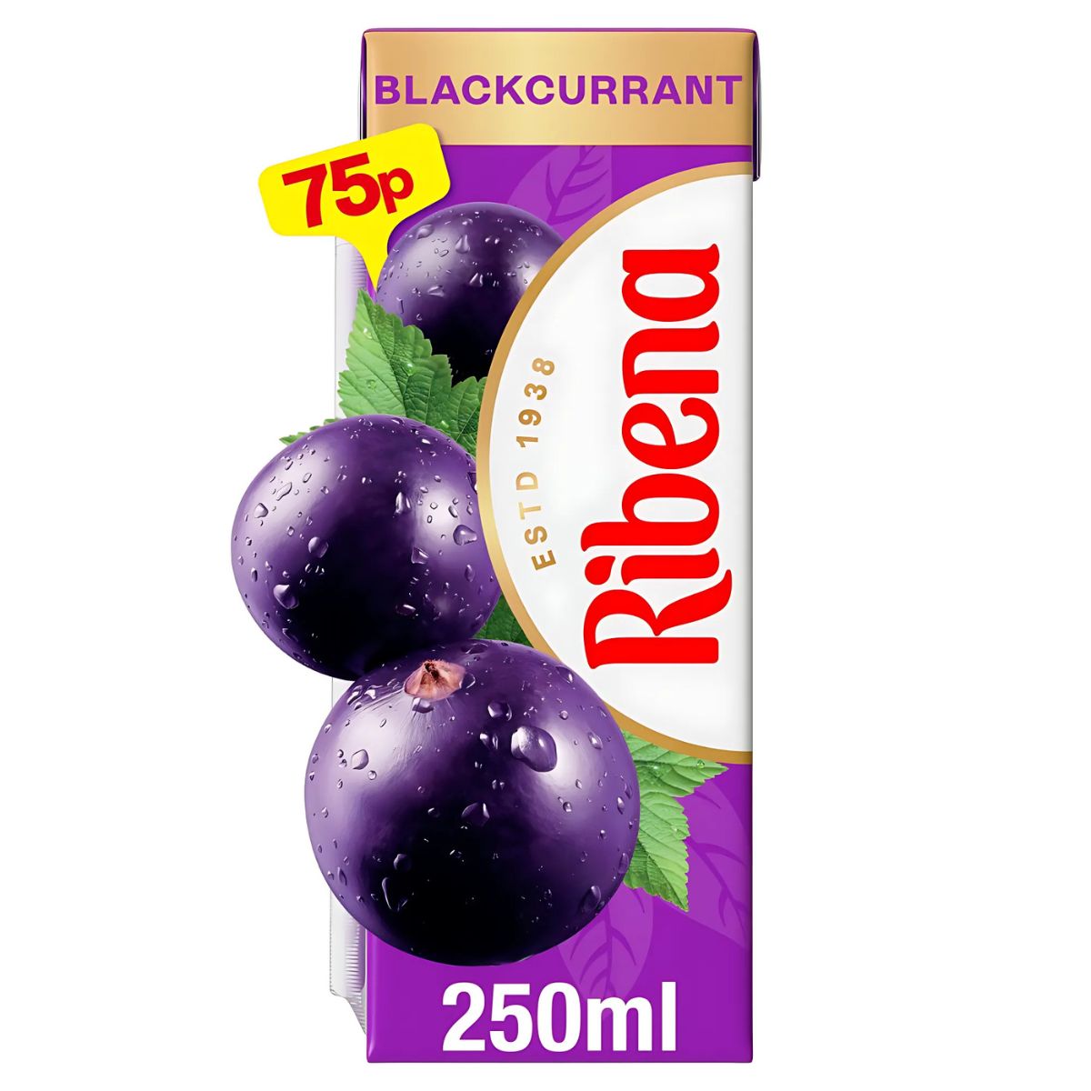 A 250ml Ribena - Blackcurrant Soft Drink box with three blackcurrants and a "75p" price label on the front. A 250ml Ribena - Blackcurrant Soft Drink box with three blackcurrants and a "75p" price label on the front.
