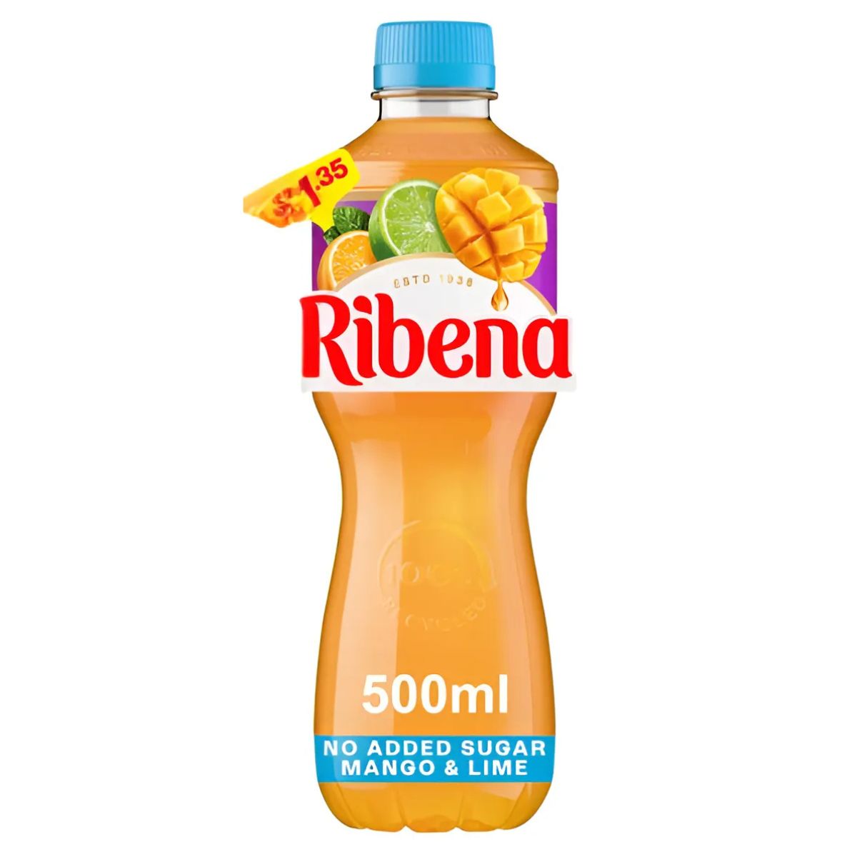 A 500ml Ribena Mango & Lime Juice Drink with no added sugar and rich in Vitamin C, featuring a blue cap and a label with mango, lime, and orange slice. Price: $1.35. A 500ml Ribena Mango & Lime Juice Drink with no added sugar and rich in Vitamin C, featuring a blue cap and a label with mango, lime, and orange slice. Price: $1.35.