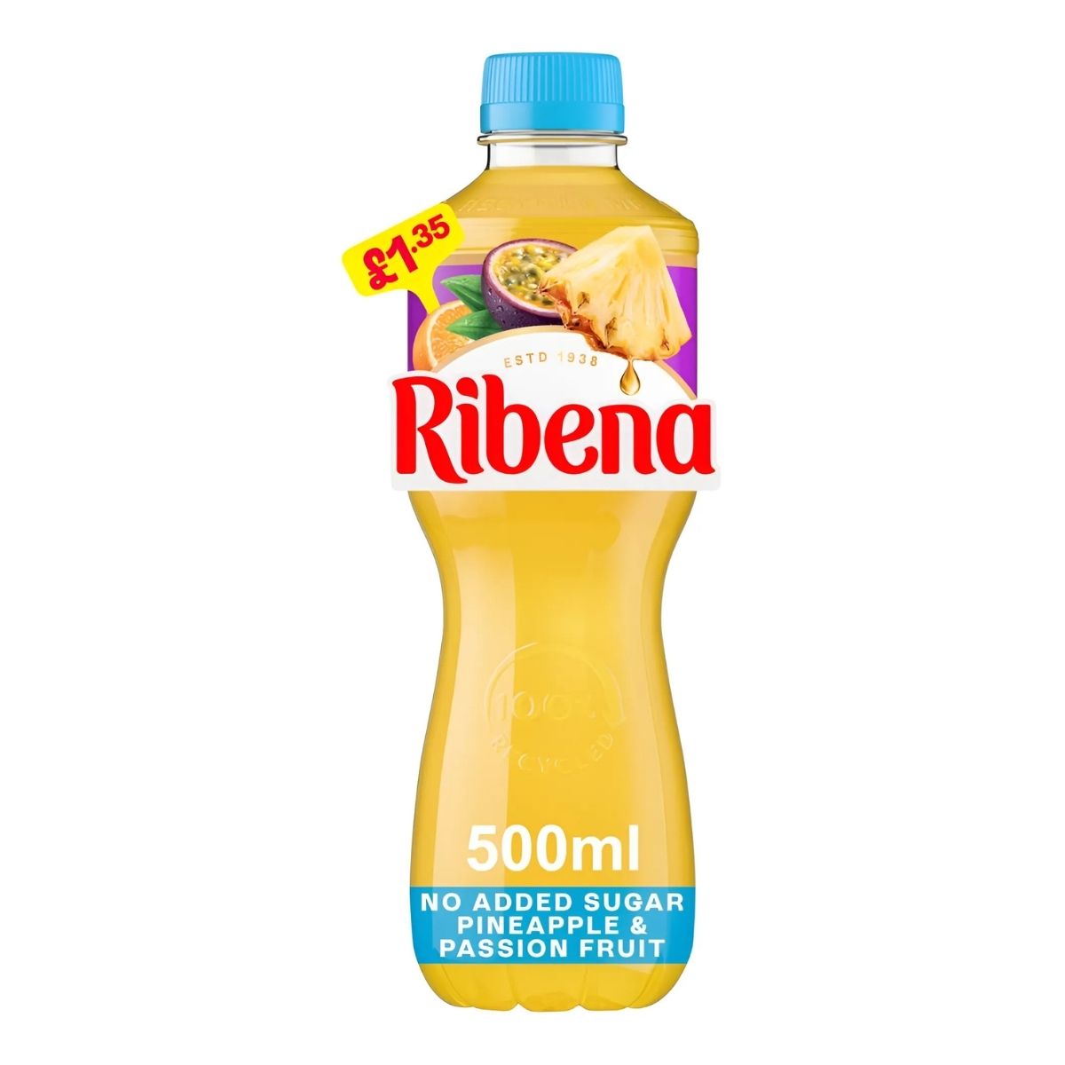A 500ml bottle of Ribena - Pineapple & Passion Fruit No Added Sugar, with a blue cap and priced at £1.35. A 500ml bottle of Ribena - Pineapple & Passion Fruit No Added Sugar, with a blue cap and priced at £1.35.