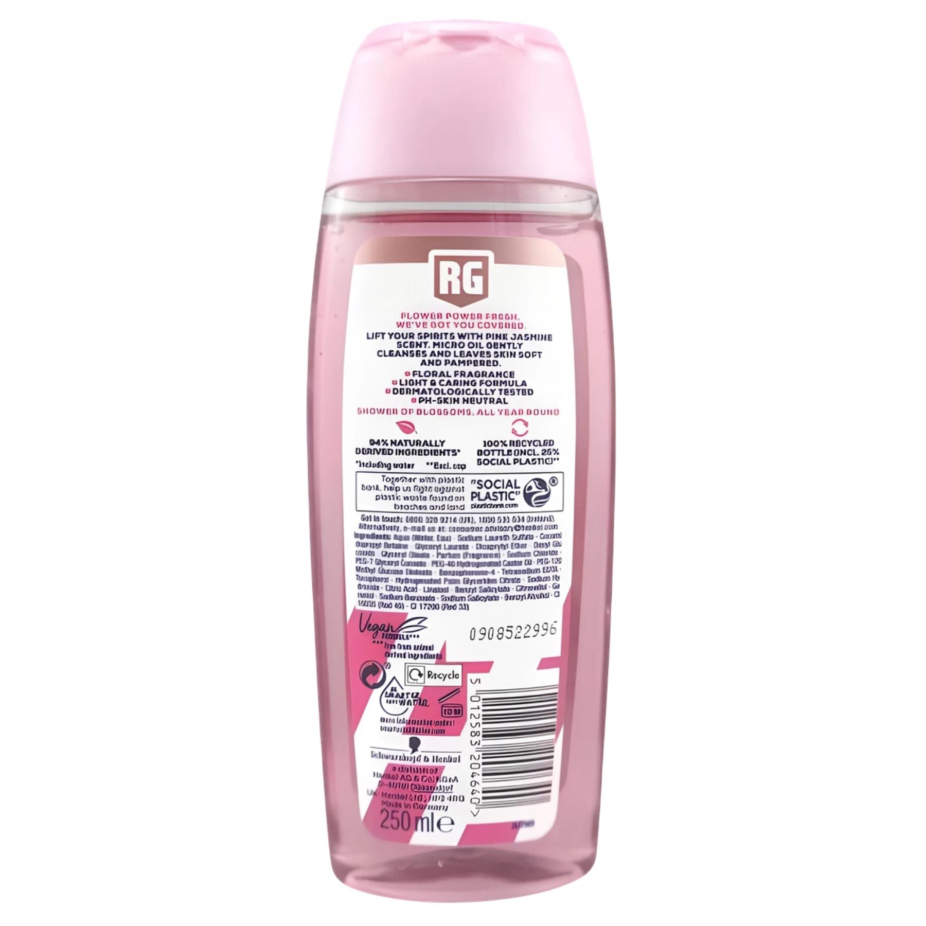 A pink-capped, clear 250ml bottle of Right Guard Pink Jasmine Shower Gel with a back label showing ingredients, recycling symbols, and product details—this moisturizing gel is ideal for a refreshing shower routine. A pink-capped, clear 250ml bottle of Right Guard Pink Jasmine Shower Gel with a back label showing ingredients, recycling symbols, and product details—this moisturizing gel is ideal for a refreshing shower routine.
