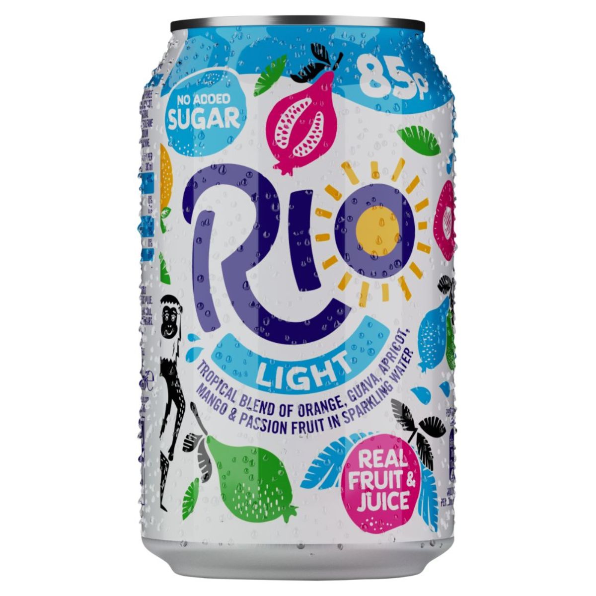 A 330ml can of Rio - Light Tropical Can Drink with vibrant design, real fruit juice, no added sugar, and an 85p label—your fruity escape. A 330ml can of Rio - Light Tropical Can Drink with vibrant design, real fruit juice, no added sugar, and an 85p label—your fruity escape.