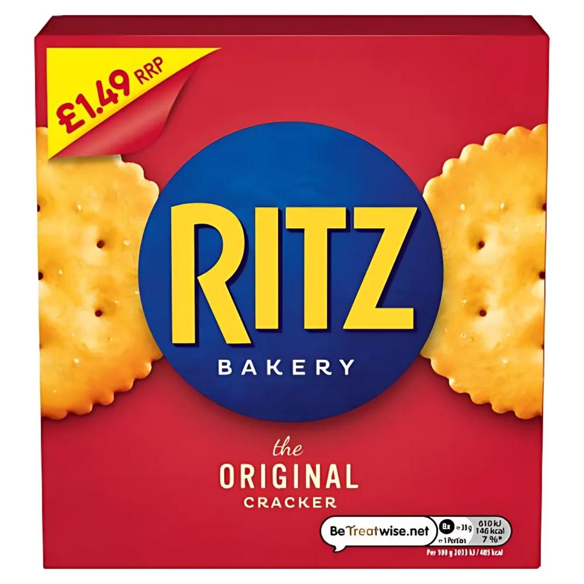 Ritz - The Original Biscuit Crackers come in a 150g box with a red background and blue circle logo, featuring two crackers. They are priced at £1.49. Ritz - The Original Biscuit Crackers come in a 150g box with a red background and blue circle logo, featuring two crackers. They are priced at £1.49.