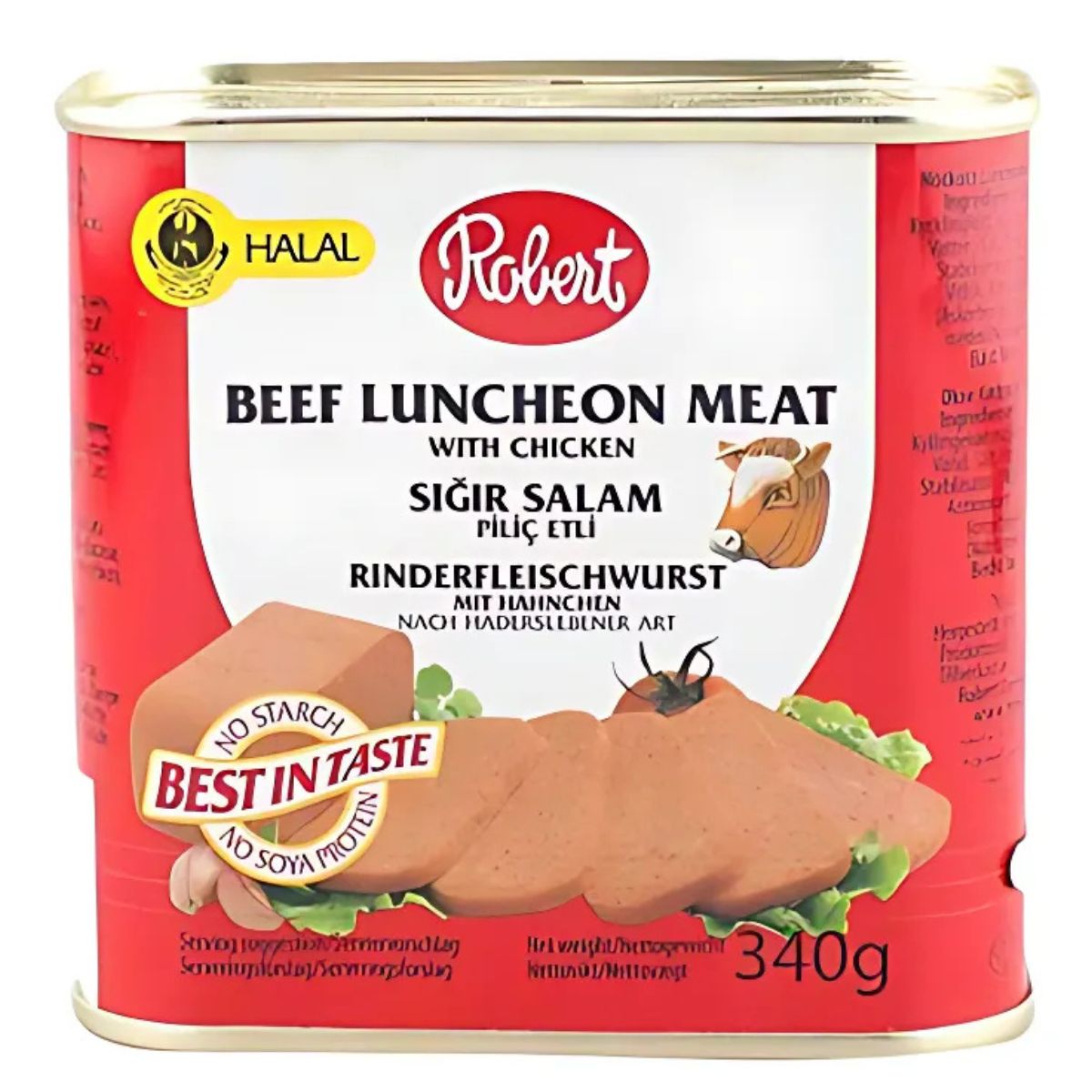 A 340g can of Robert - Beef Luncheon Meat (Halal), featuring sliced meat imagery and multilingual text on a red and white background. A 340g can of Robert - Beef Luncheon Meat (Halal), featuring sliced meat imagery and multilingual text on a red and white background.