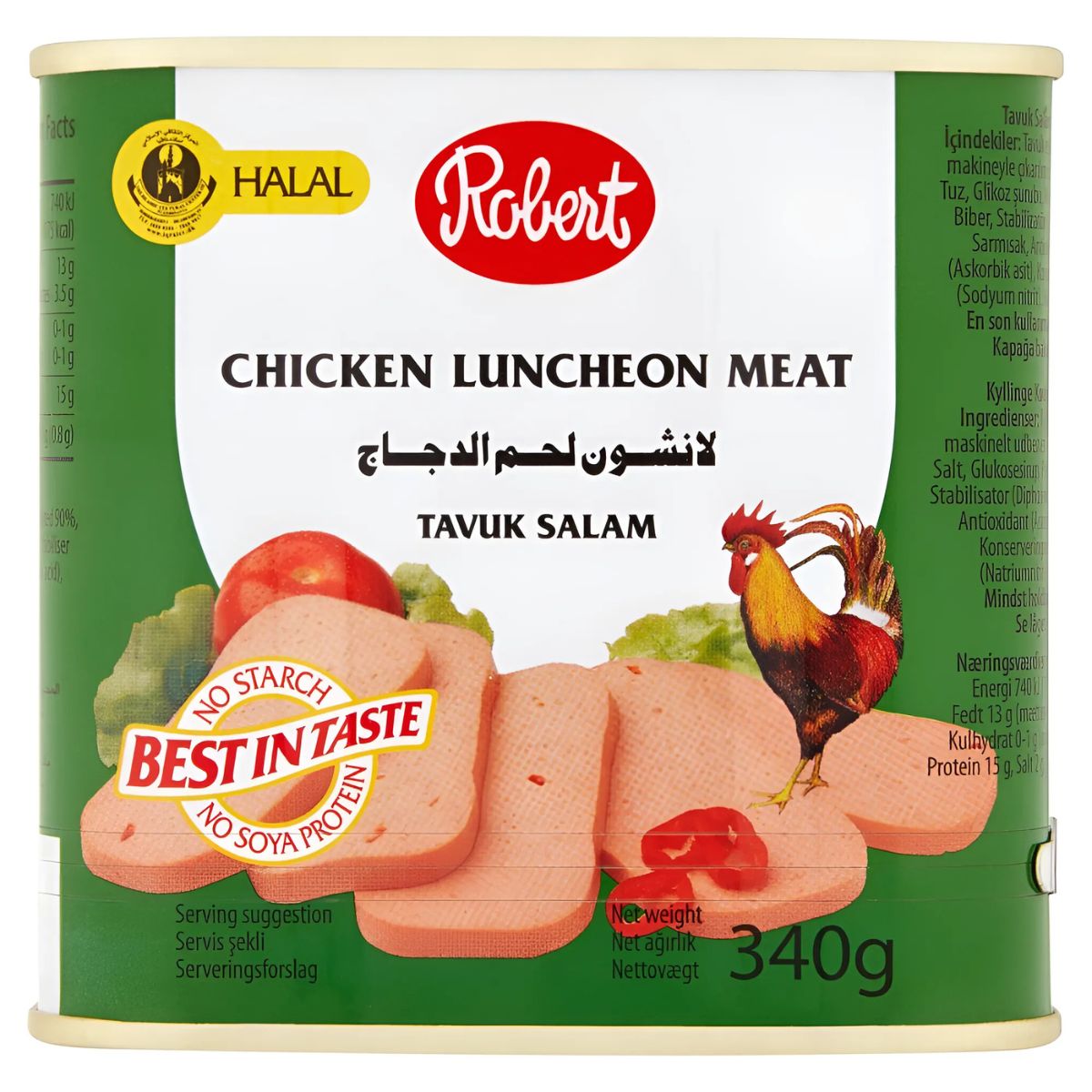 Robert - Chicken Luncheon Meat (Halal) - 340g can features ready-to-eat slices with images of tomato, cucumber, and a rooster on the front. Robert - Chicken Luncheon Meat (Halal) - 340g can features ready-to-eat slices with images of tomato, cucumber, and a rooster on the front.