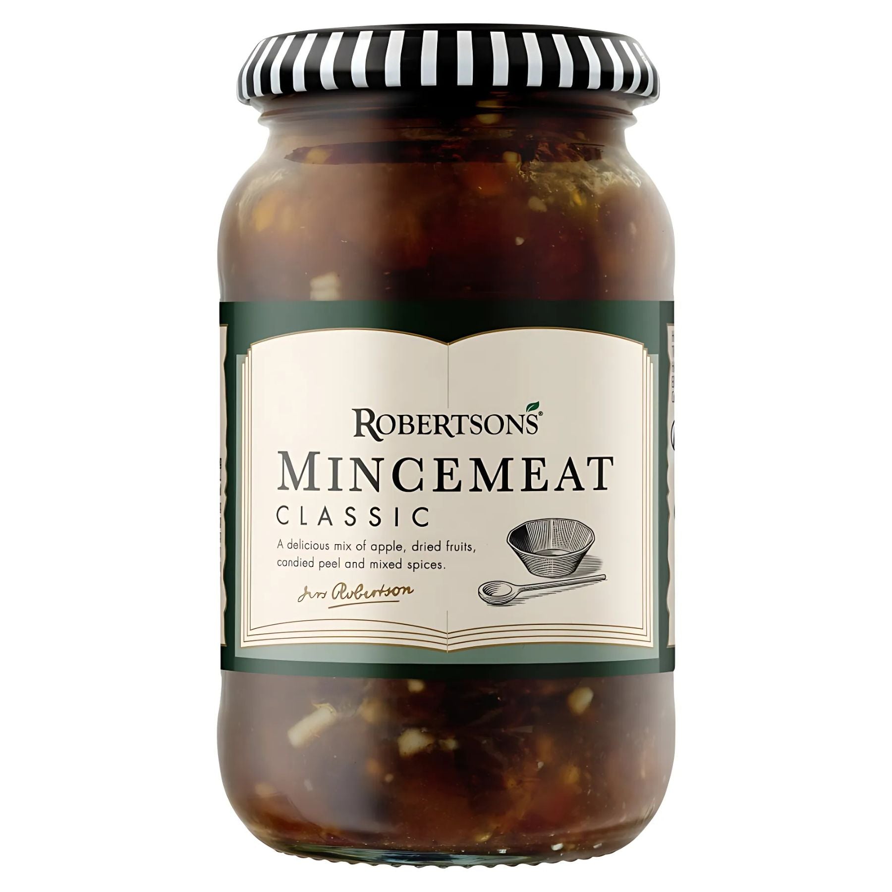 A 411g glass jar of Robertsons Traditional Mincemeat, filled with spiced apple and dried fruits, perfect for baking festive pies. White label and black-striped lid. A 411g glass jar of Robertsons Traditional Mincemeat, filled with spiced apple and dried fruits, perfect for baking festive pies. White label and black-striped lid.
