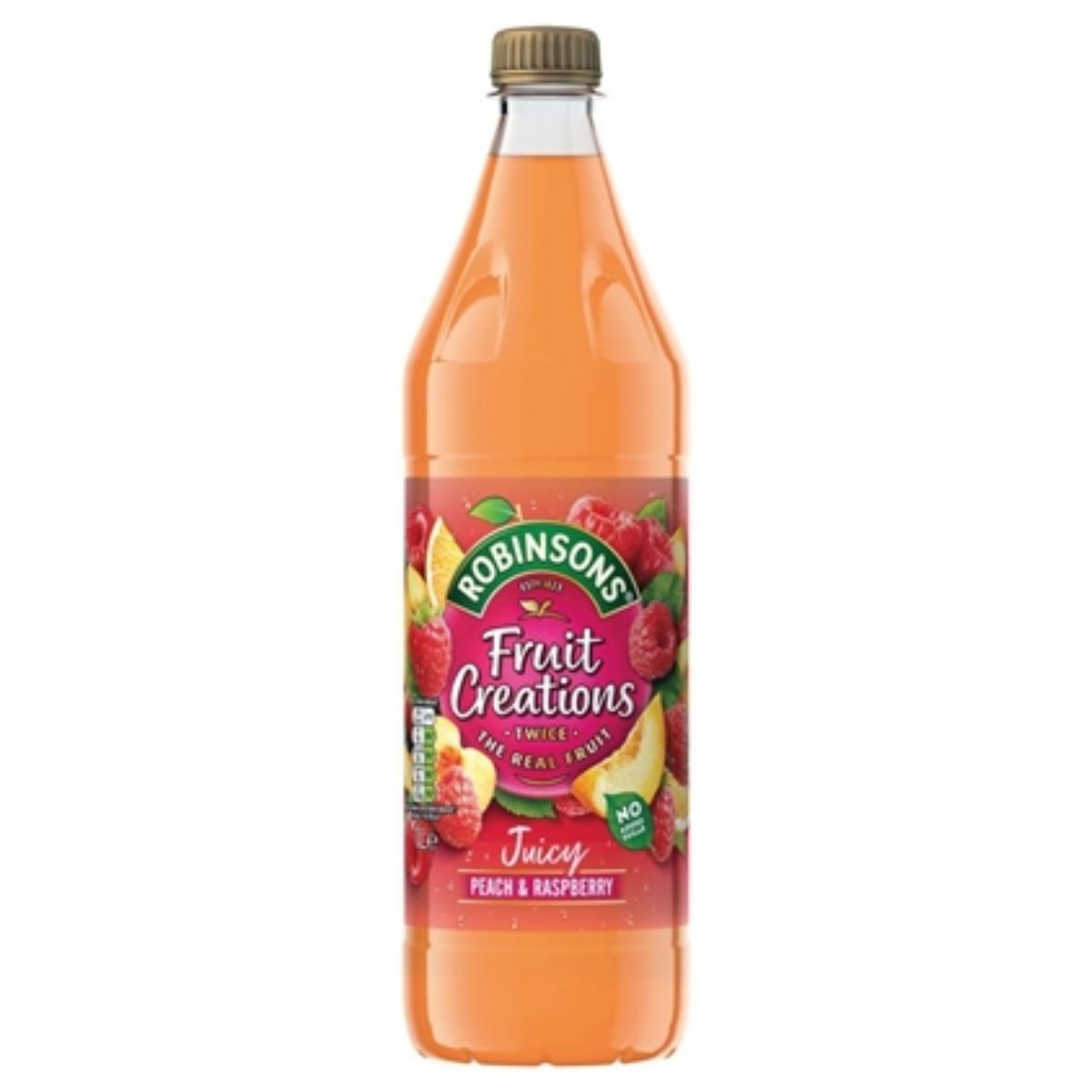 A bottle of Robinsons - Fruit Creations Peach & Raspberry Squash - 1L on a white background.