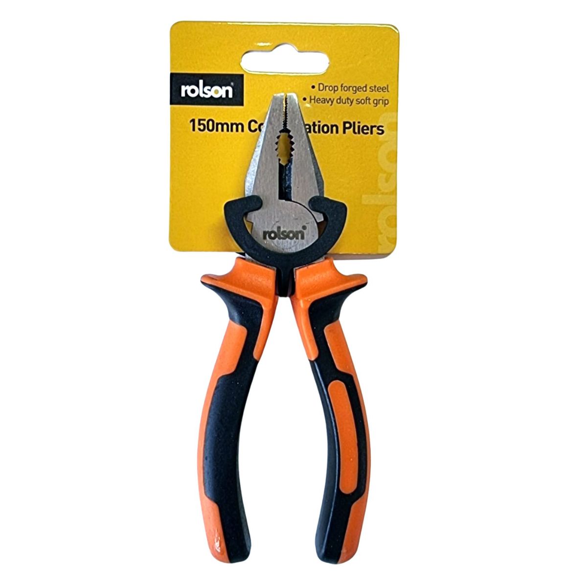 A new pair of Rolson 150mm combination pliers with orange and black handles, packaged on a retail card.