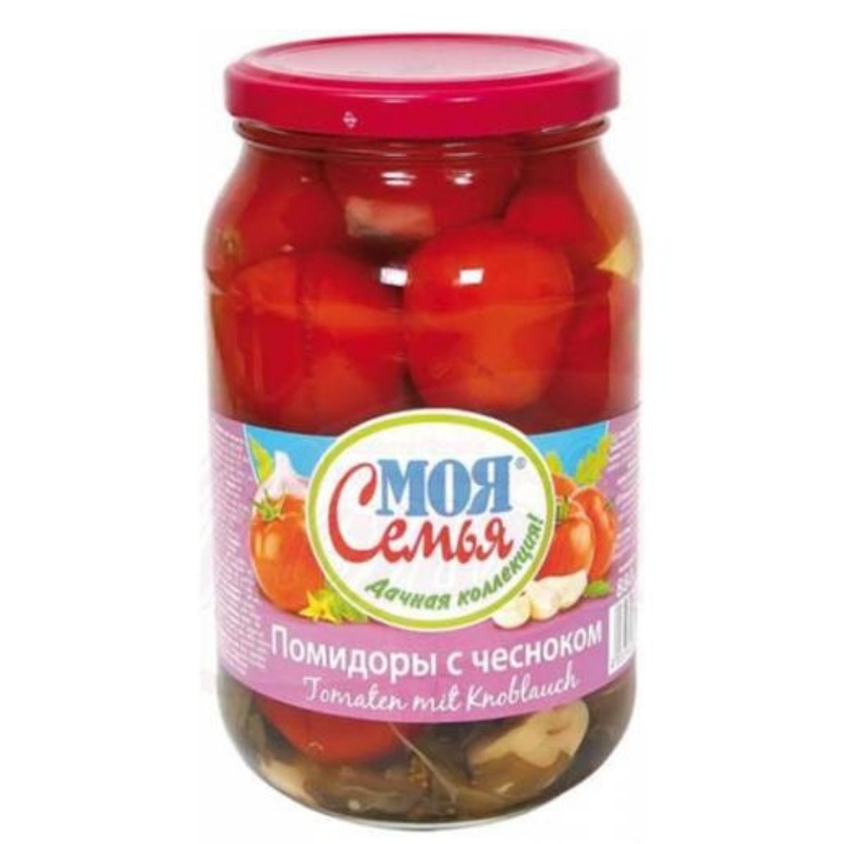 A jar of My Family (Moja Semja) pickled tomatoes with garlic, featuring a red lid and a label with vibrant images of tomatoes and garlic, inscribed in Russian. A jar of My Family (Moja Semja) pickled tomatoes with garlic, featuring a red lid and a label with vibrant images of tomatoes and garlic, inscribed in Russian.